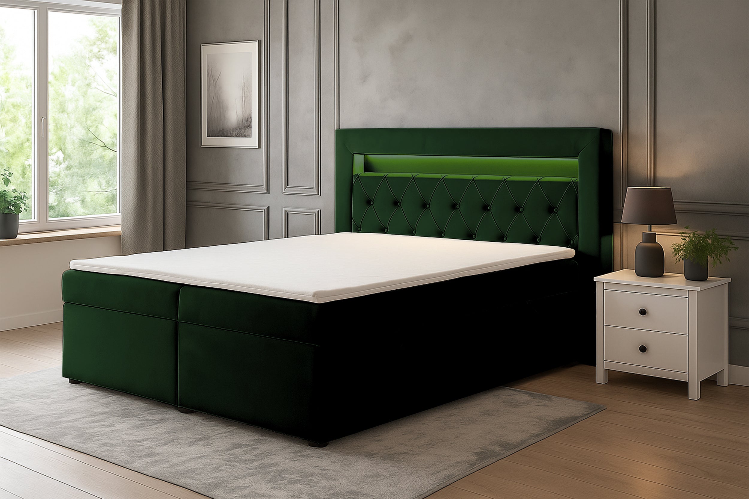 Łóżko kontynentalne 140x200 cm Goldess z pojemnikami i oświetleniem LED butelkowa zieleń welwet