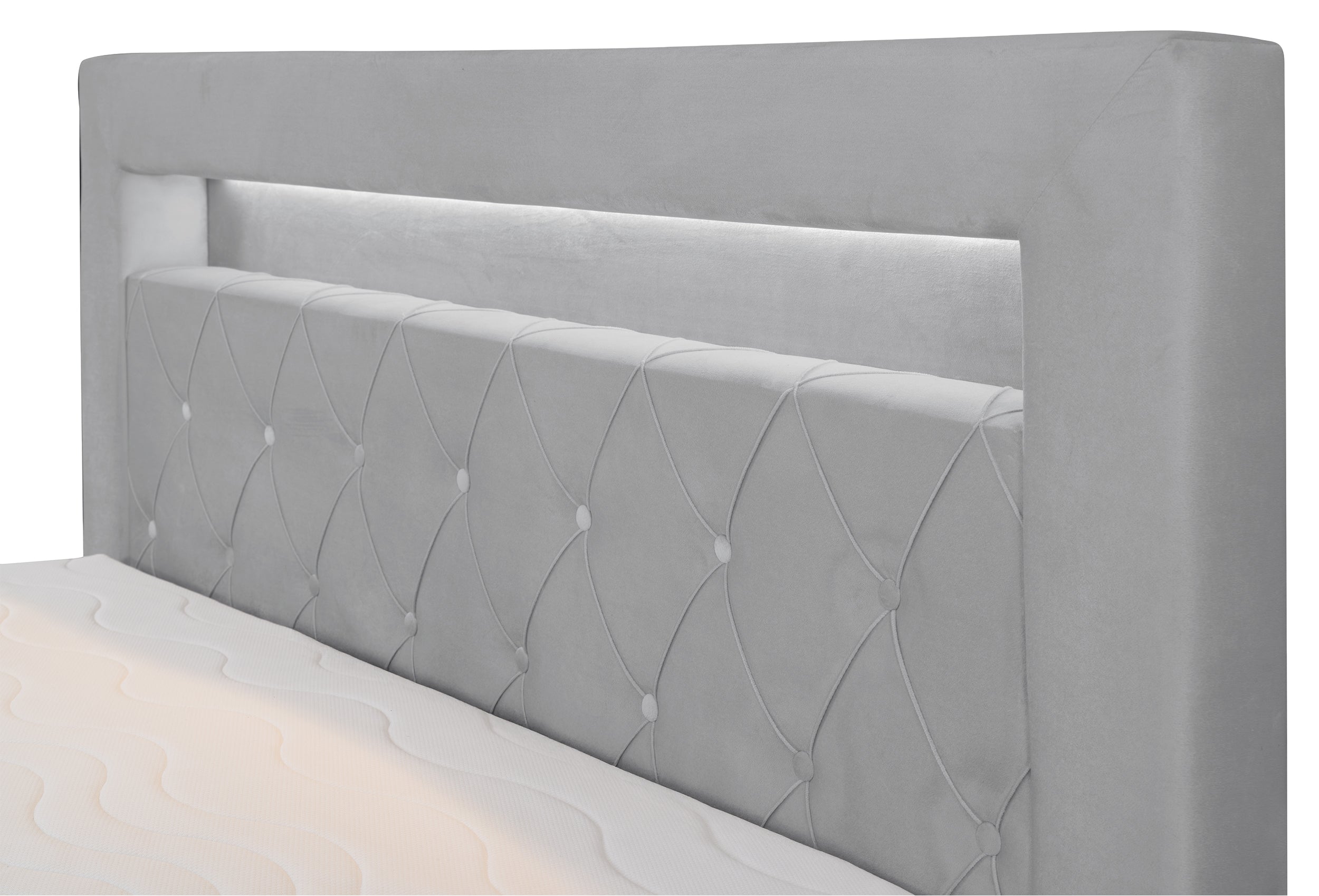 Łóżko kontynentalne 140x200 cm Goldess z pojemnikami i oświetleniem LED szare welwet