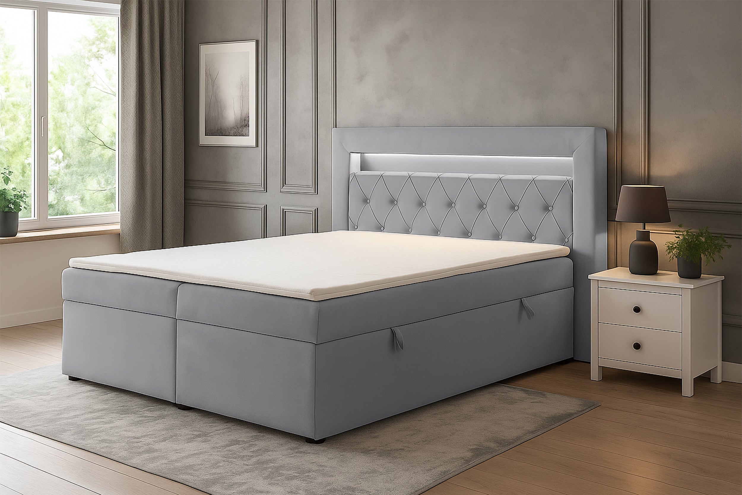 Łóżko kontynentalne 140x200 cm Goldess z pojemnikami i oświetleniem LED szare welwet