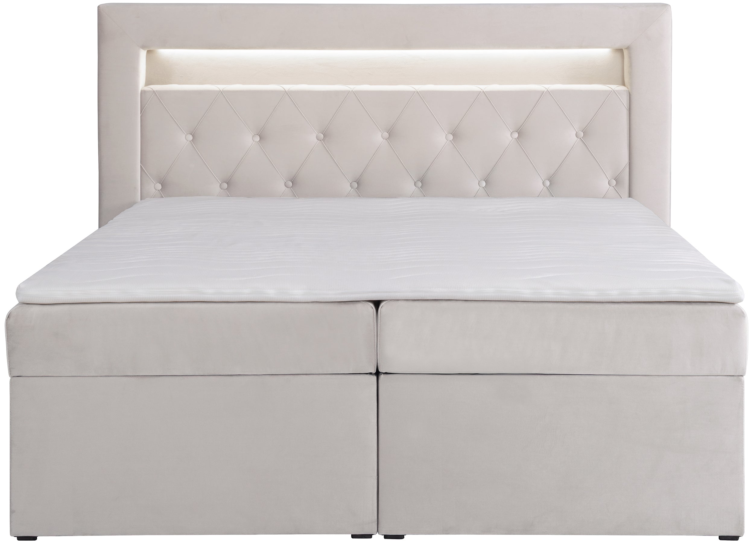 Łóżko kontynentalne 160x200 cm Goldess z pojemnikami i oświetleniem LED szarobeżowe welwet