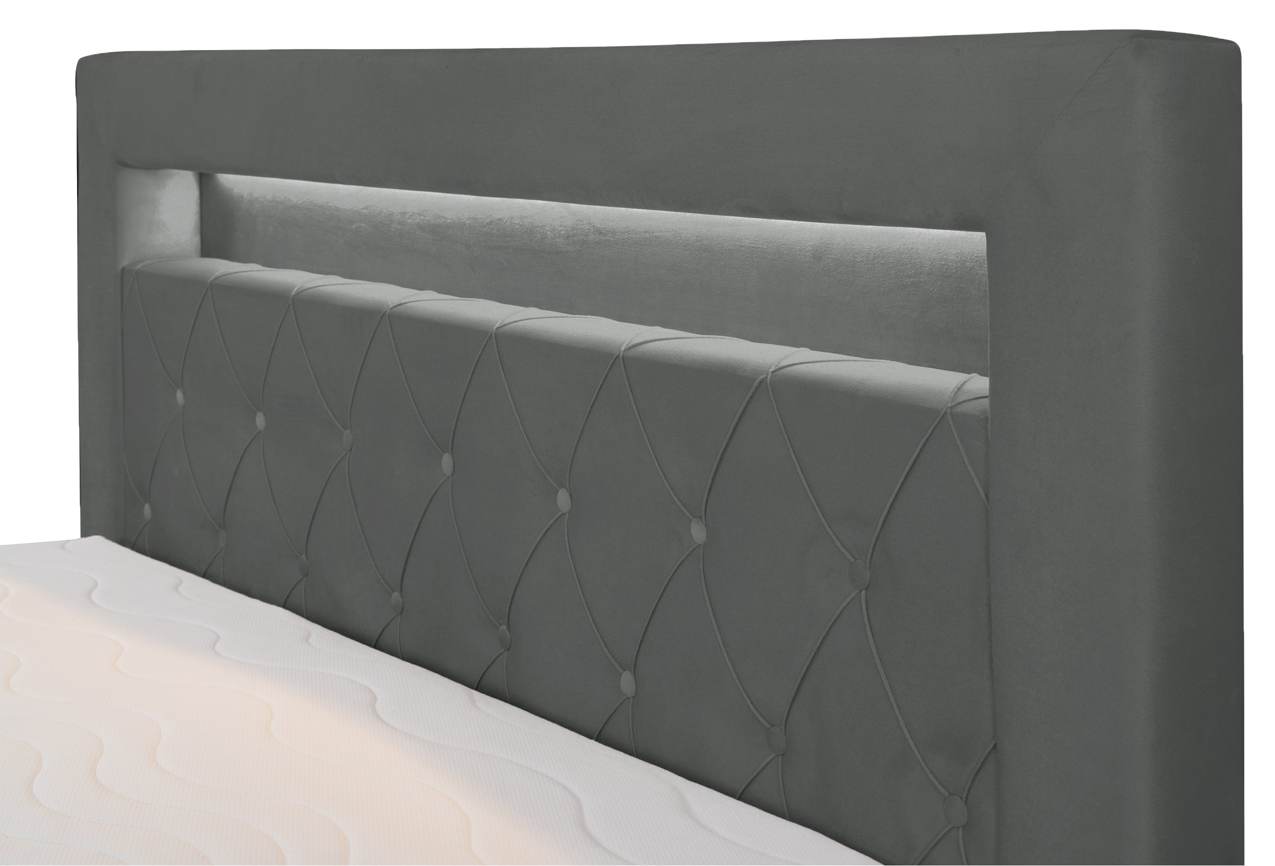 Łóżko kontynentalne 140x200 cm Goldess z pojemnikami i oświetleniem LED ciemnoszare welwet