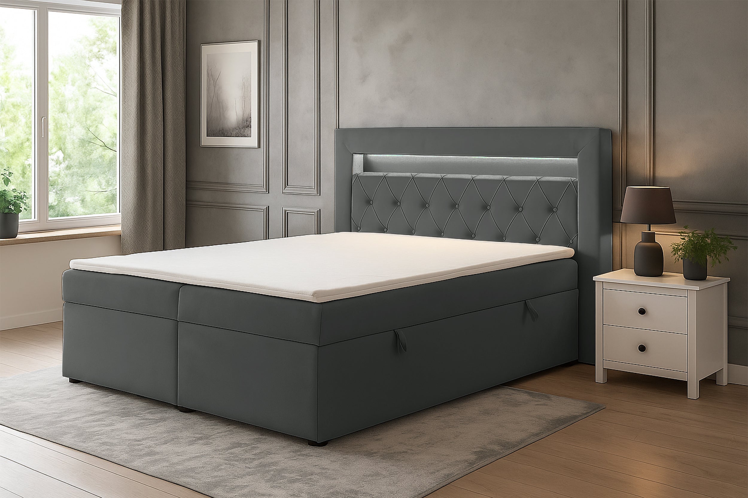Łóżko kontynentalne 160x200 cm Goldess z pojemnikami i oświetleniem LED ciemnoszare welwet