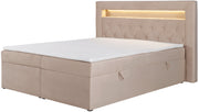 Łóżko kontynentalne 160x200 cm Goldess z pojemnikami i oświetleniem LED beżowe welwet