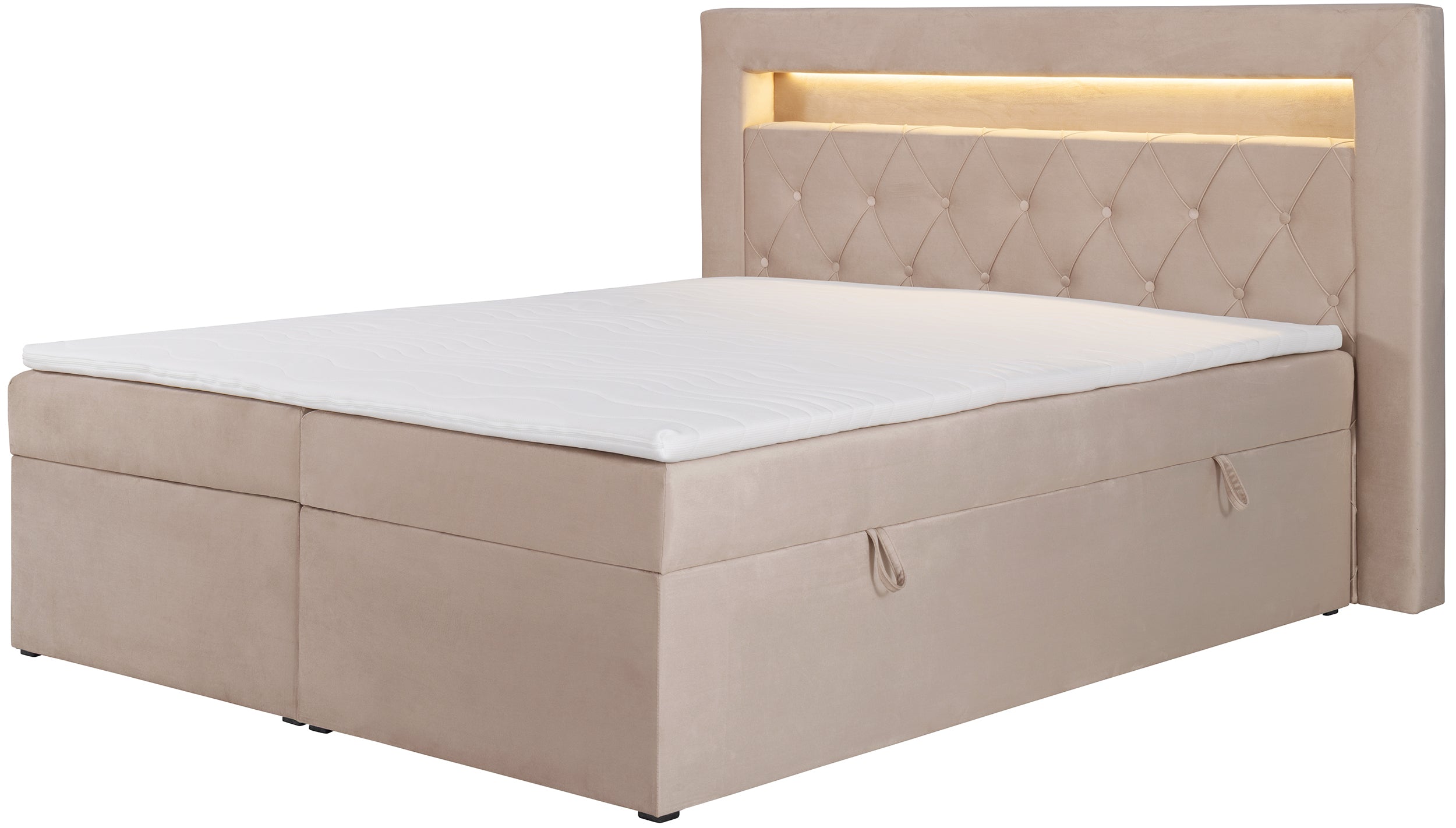 Łóżko kontynentalne 160x200 cm Goldess z pojemnikami i oświetleniem LED beżowe welwet