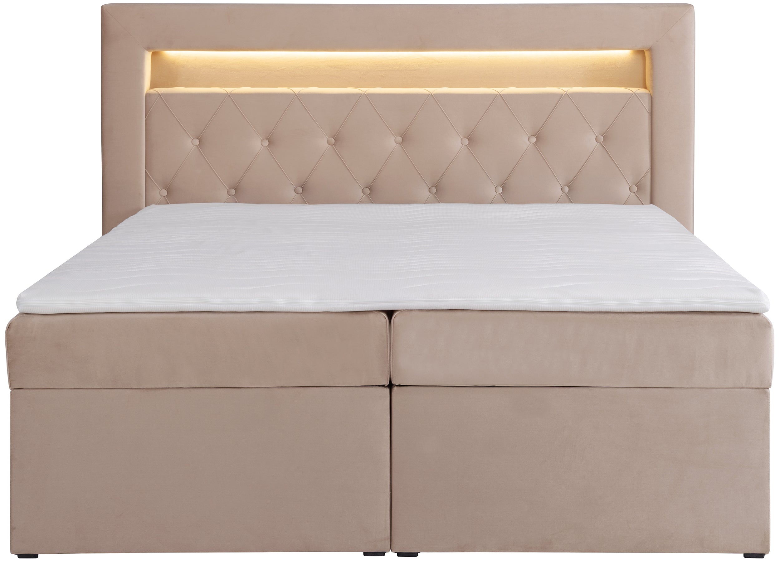Łóżko kontynentalne 140x200 cm Goldess z pojemnikami i oświetleniem LED beżowe welwet