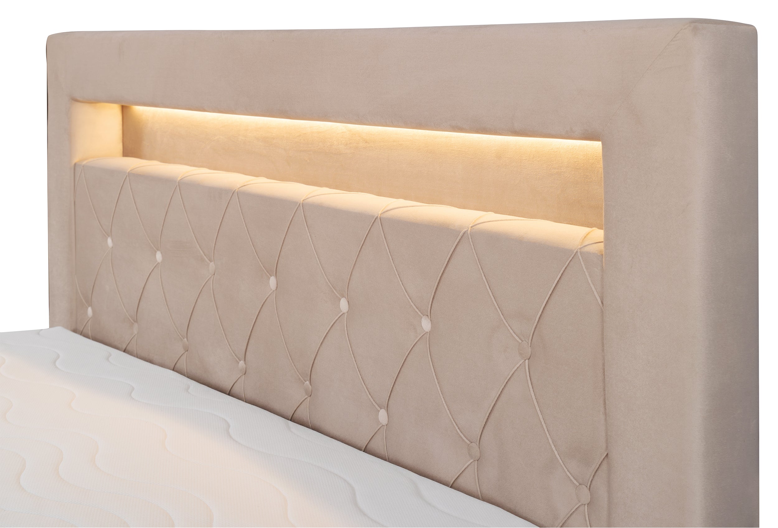 Łóżko kontynentalne 140x200 cm Goldess z pojemnikami i oświetleniem LED beżowe welwet