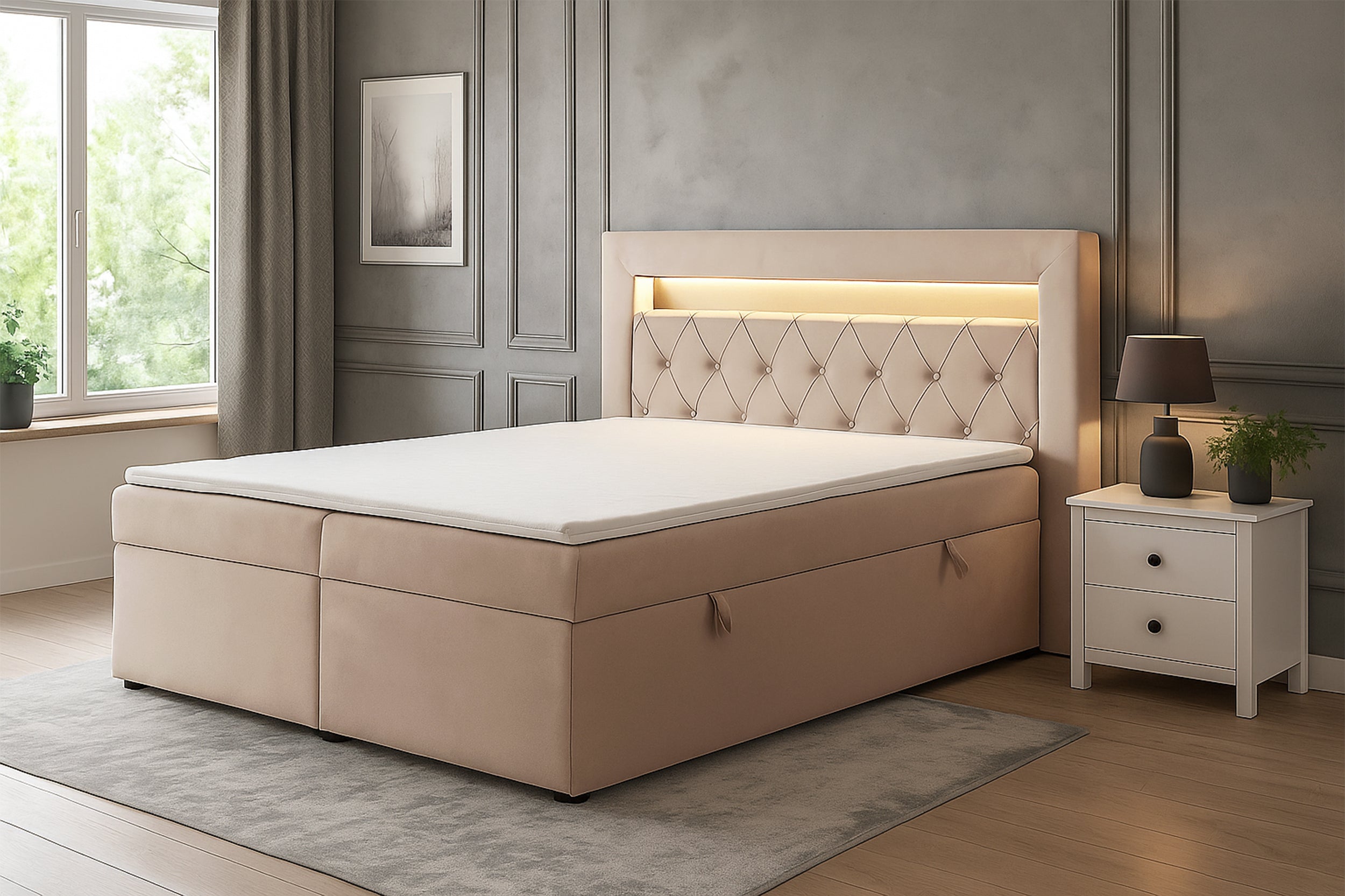Łóżko kontynentalne 180x200 cm Goldess z pojemnikami i oświetleniem LED beżowe welwet