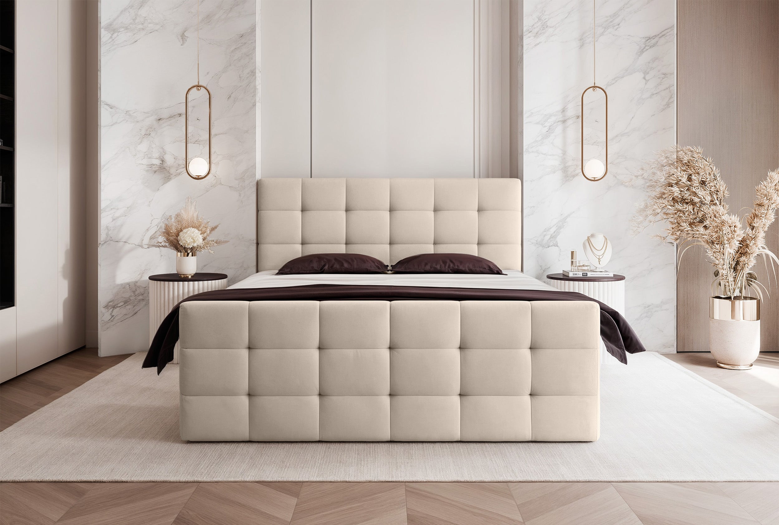 Łóżko kontynentalne 140x200 cm Padwa z pojemnikami i topperem jasnobeżowe welur