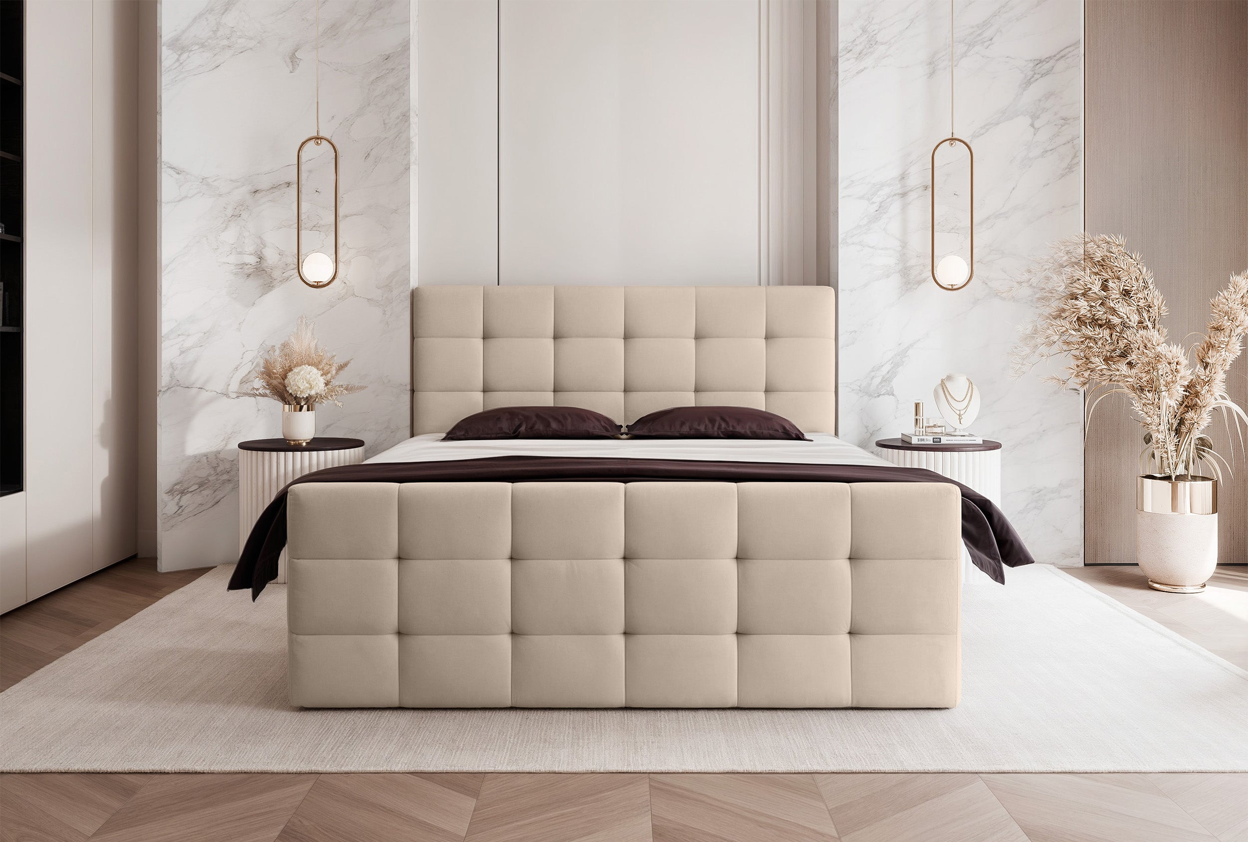 Łóżko kontynentalne 160x200 cm Padwa z pojemnikami i topperem beżowe welur