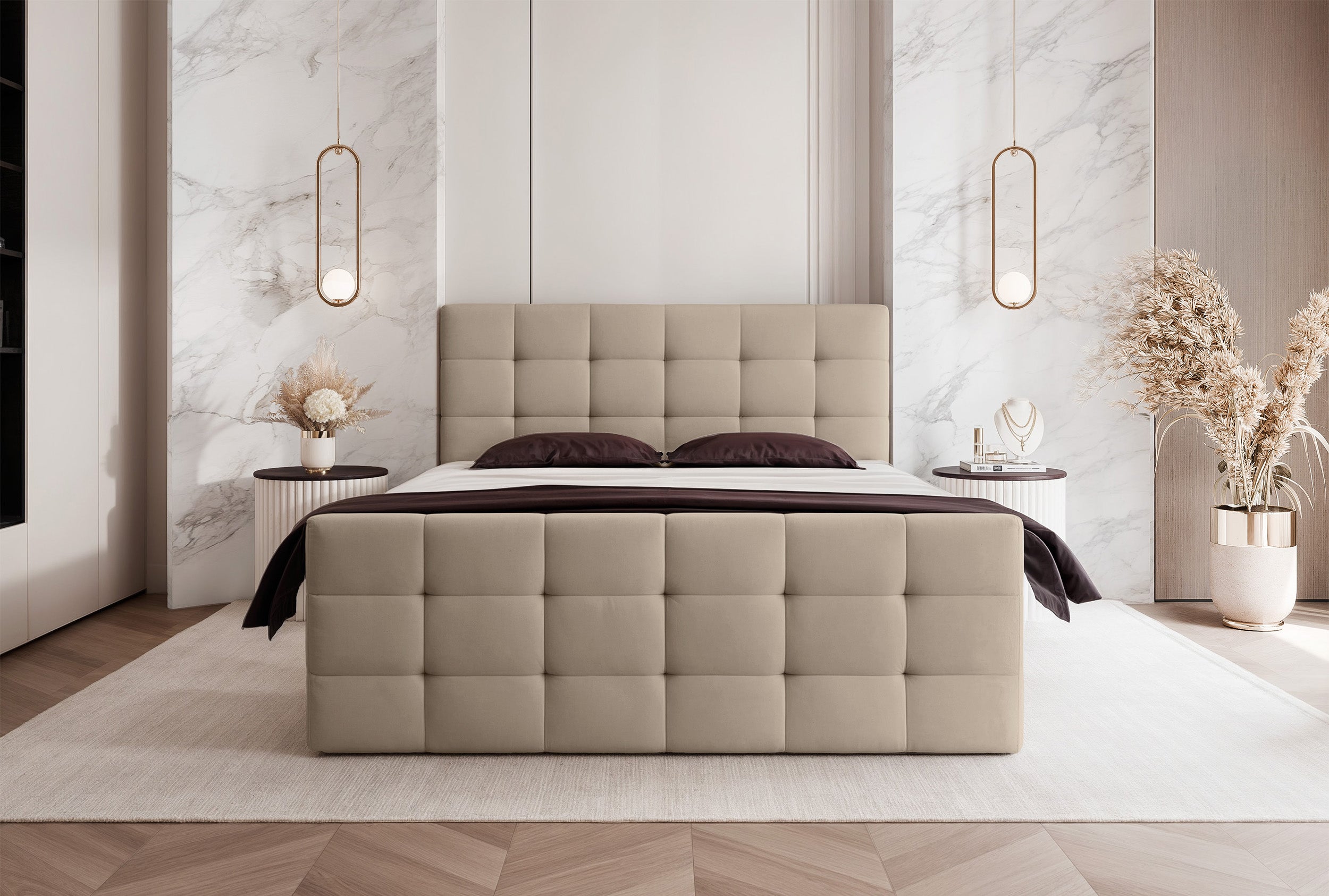 Łóżko kontynentalne 140x200 cm Padwa z pojemnikami i topperem ciemnobeżowe welur