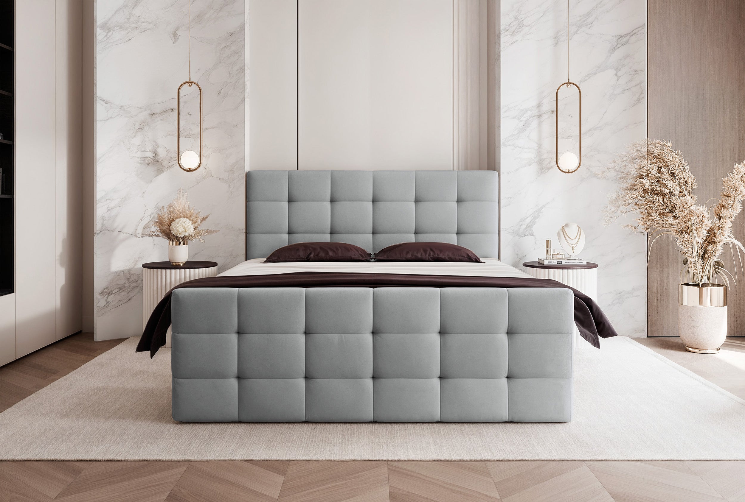Łóżko kontynentalne 160x200 cm Padwa z pojemnikami i topperem szare welur