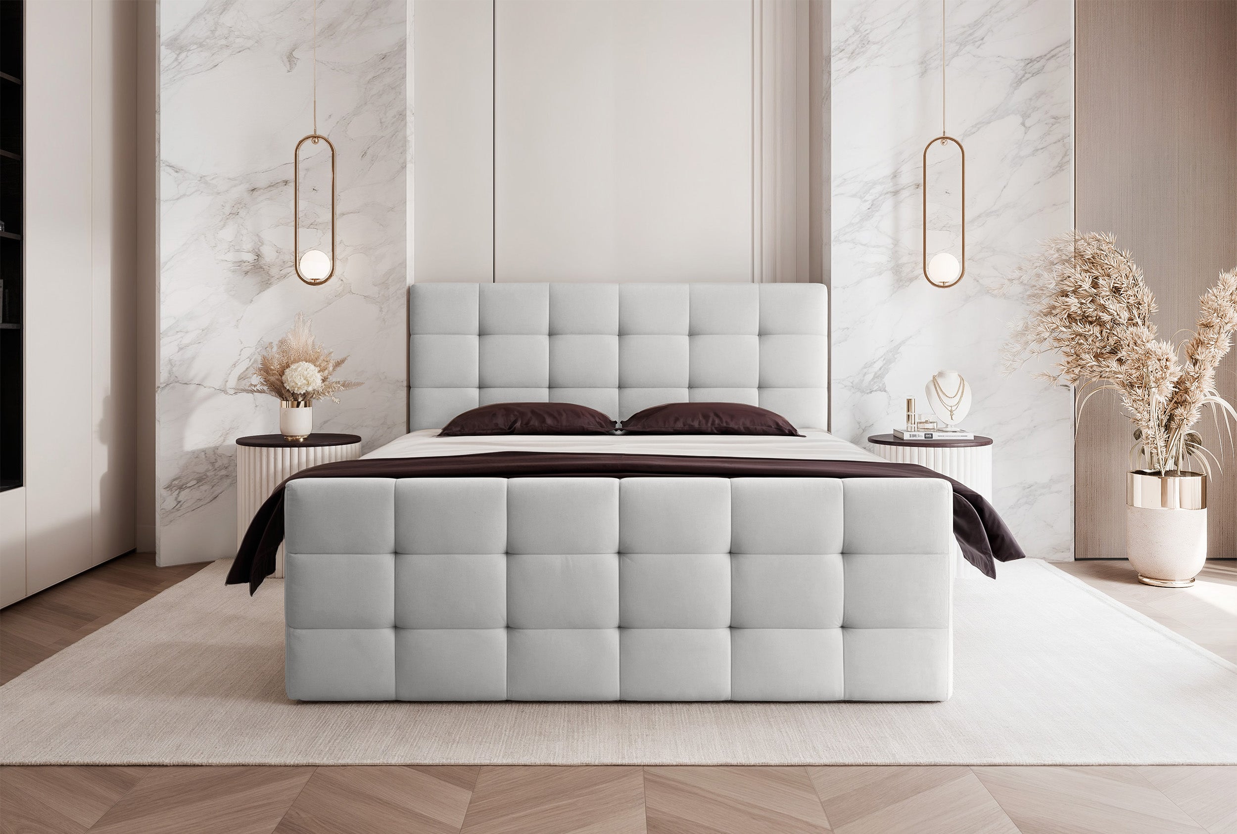 Łóżko kontynentalne 140x200 cm Padwa z pojemnikami i topperem jasnoszare welur