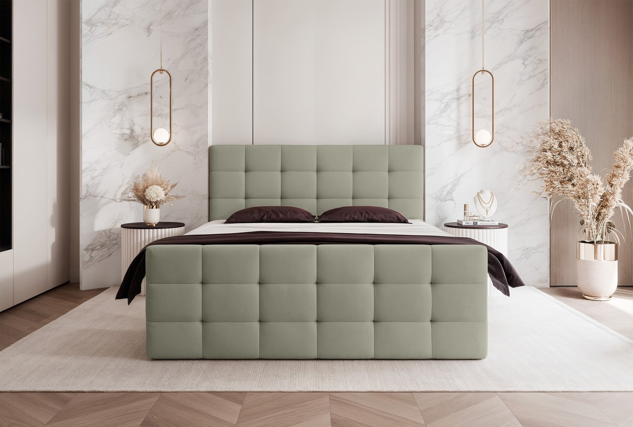 Łóżko kontynentalne 160x200 cm Padwa z pojemnikami i topperem oliwkowe welur
