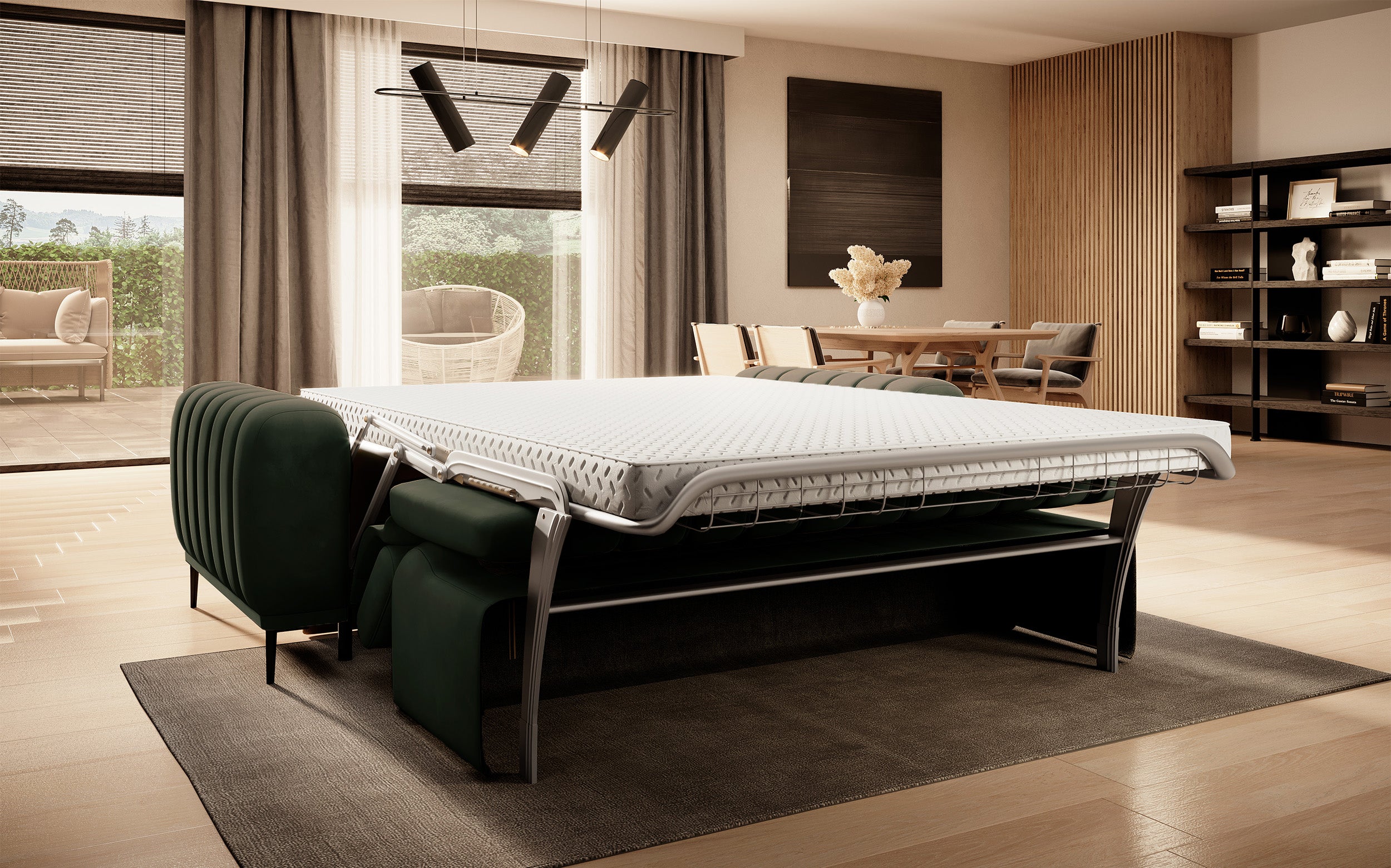 Kanapa rozkładana trzyosobowa Gandi butelkowa zieleń welur stelaż włoski