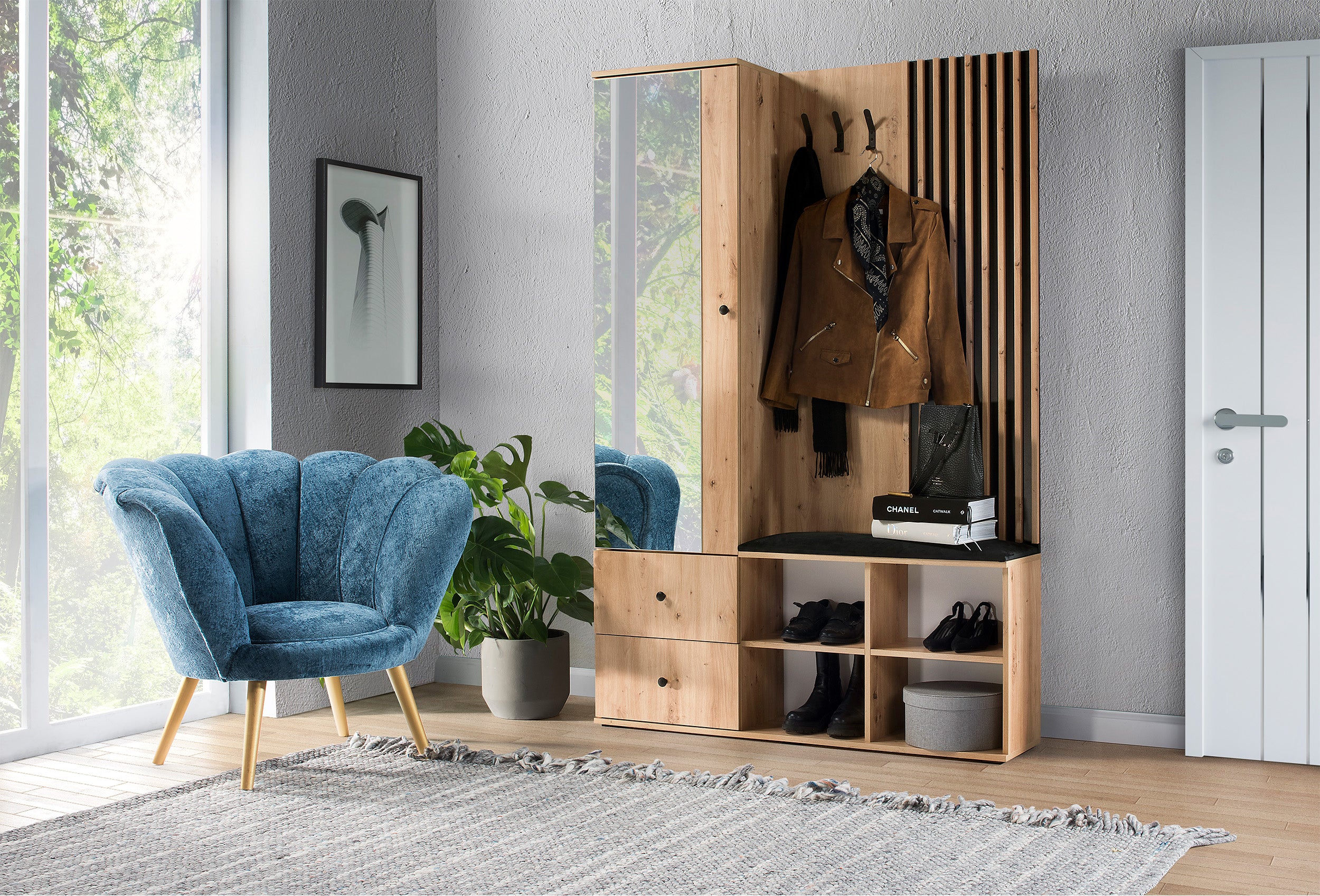 Garderoba jednodrzwiowa Lamelia z lustrem i siedziskiem 129 cm dąb artisan