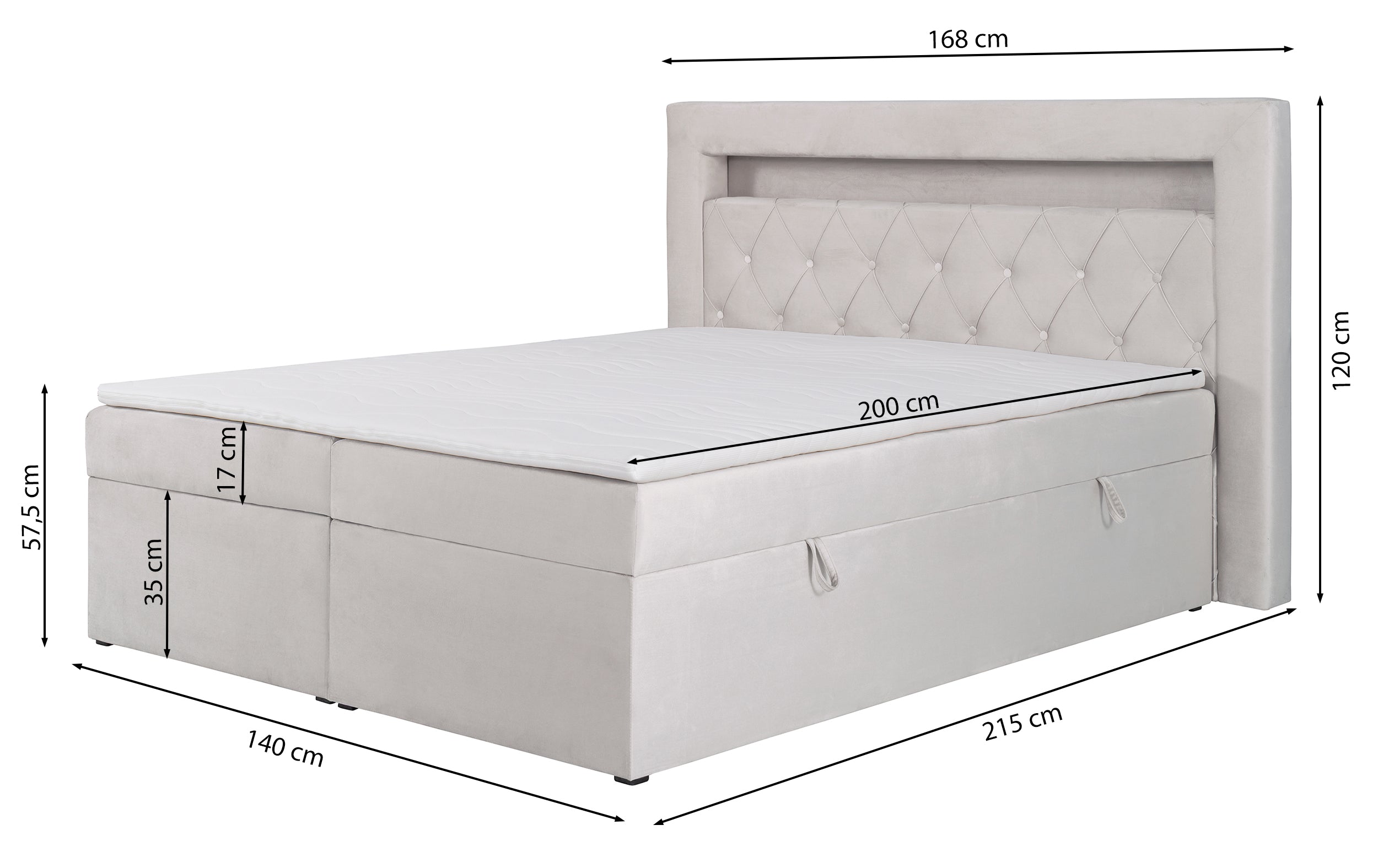 Łóżko kontynentalne 140x200 cm Goldess z pojemnikami i oświetleniem LED beżowe welwet