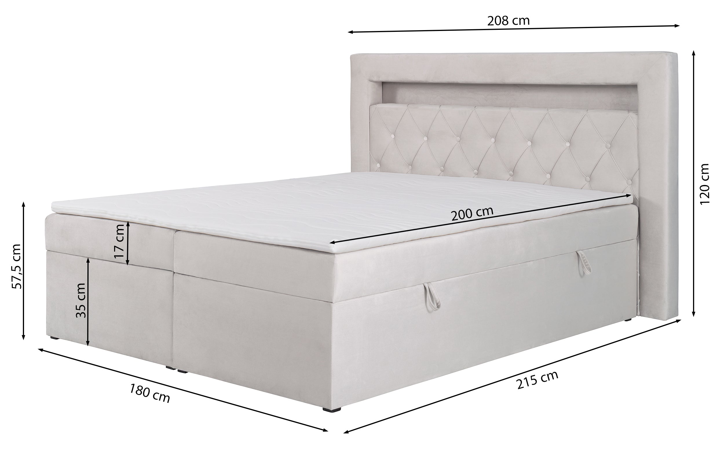 Łóżko kontynentalne 180x200 cm Goldess z pojemnikami i oświetleniem LED szare welwet