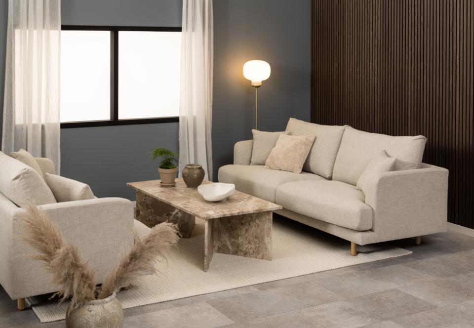 Stolik kawowy Hadrum prostokątny jasny marmur na masywnych nogach 140x70x42 cm