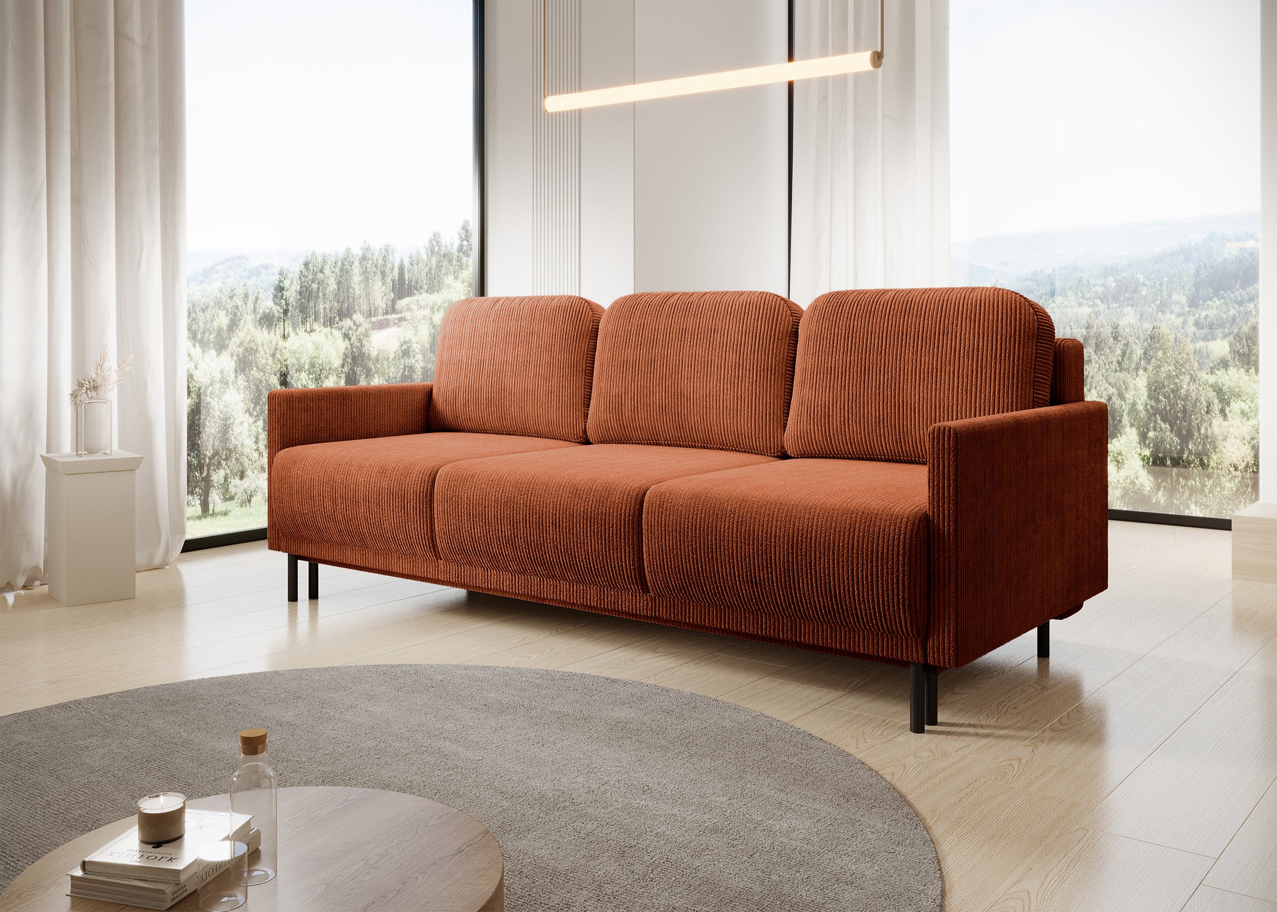 Kanapa rozkładana trzyosobowa Hamiel z pojemnikiem miedziana sztruks