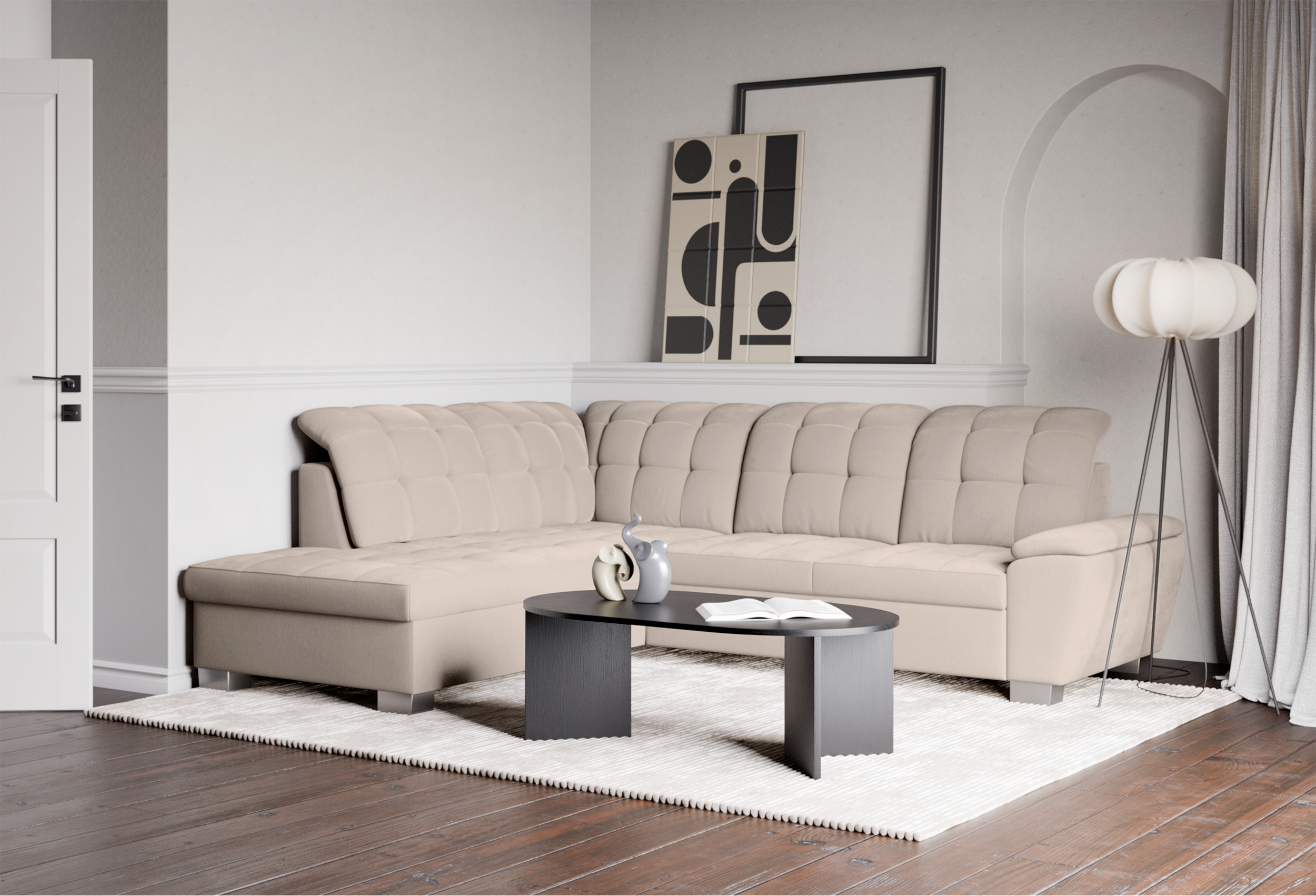 Narożnik z funkcją spania Jamaal L-kształtny lewostronny z pojemnikiem beżowy plecionka