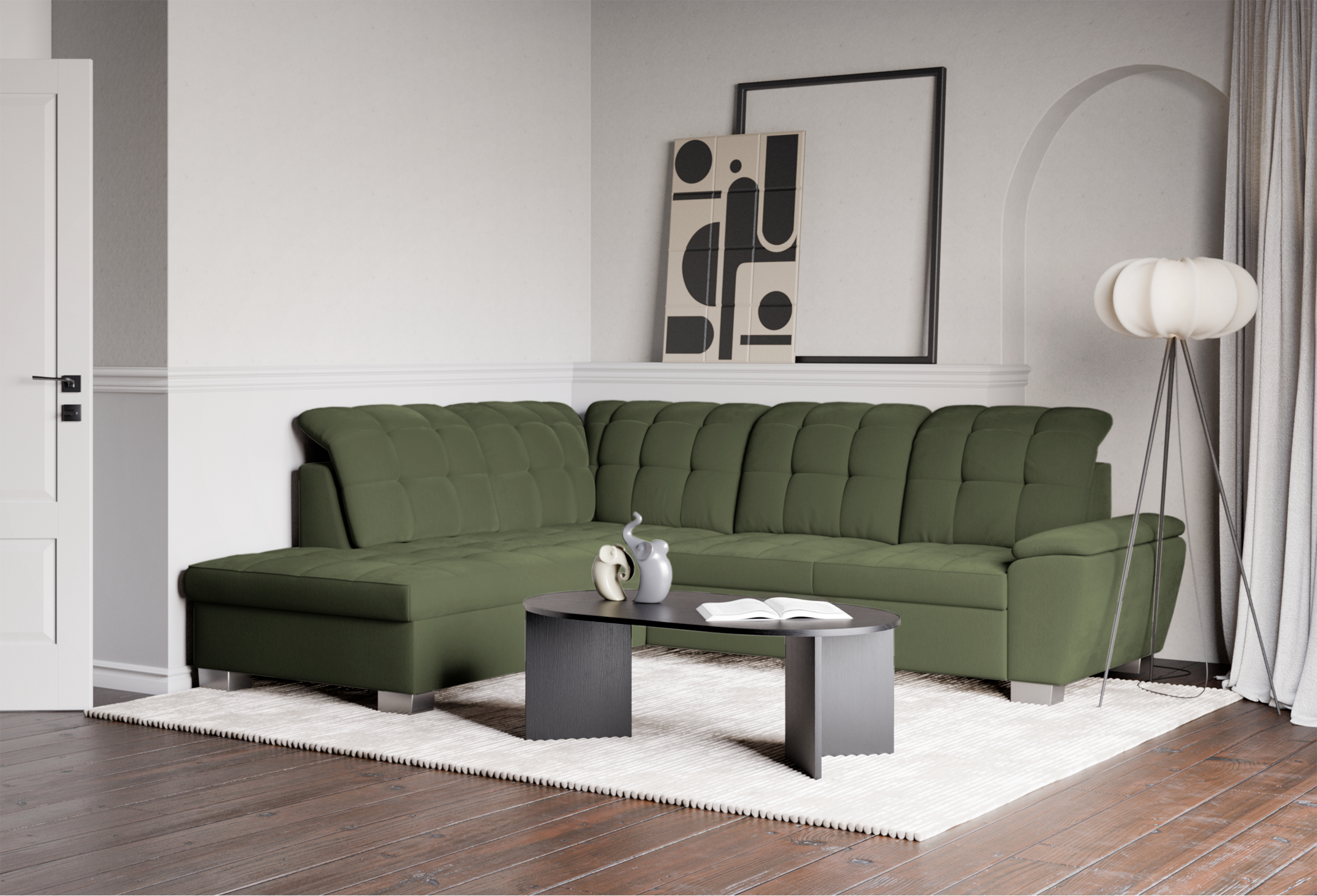 Narożnik z funkcją spania Jamaal L-kształtny lewostronny z pojemnikiem khaki plecionka