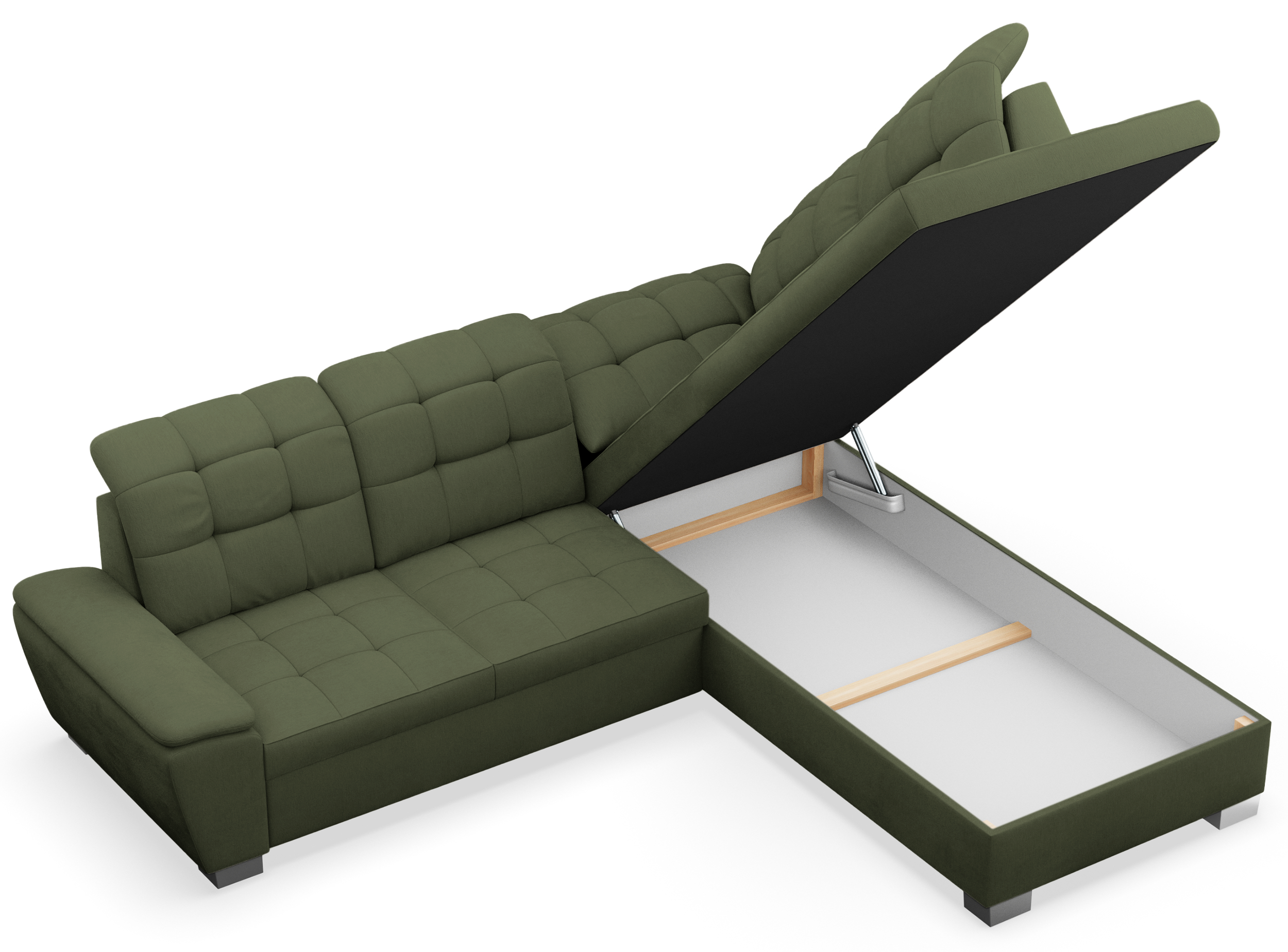 Narożnik z funkcją spania Jamaal L-kształtny prawostronny z pojemnikiem khaki plecionka