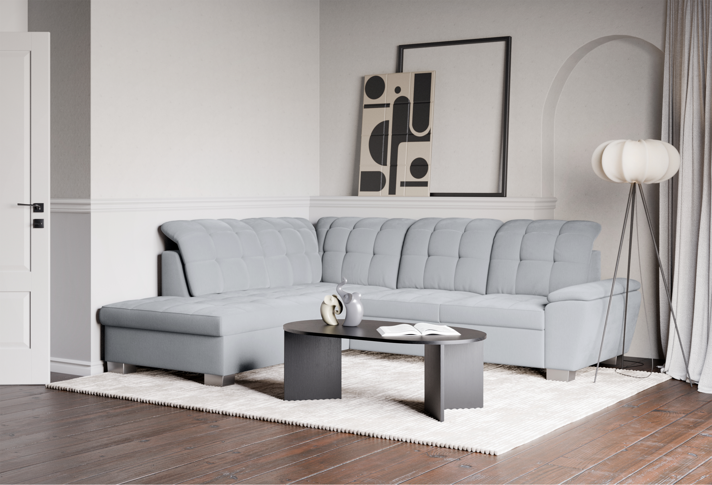 Narożnik z funkcją spania Jamaal L-kształtny lewostronny z pojemnikiem jasnoszary plecionka