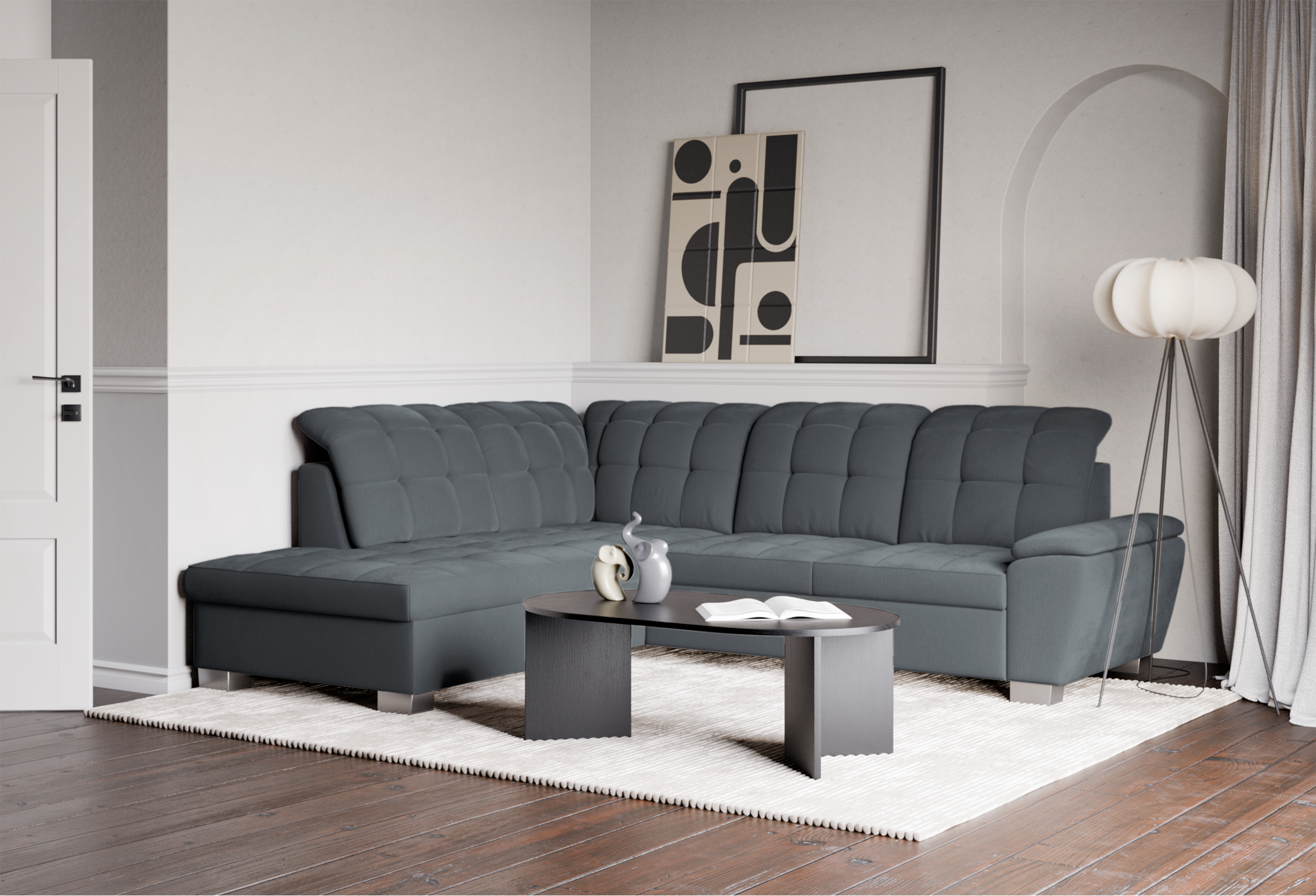 Narożnik z funkcją spania Jamaal L-kształtny lewostronny z pojemnikiem ciemnoszary plecionka