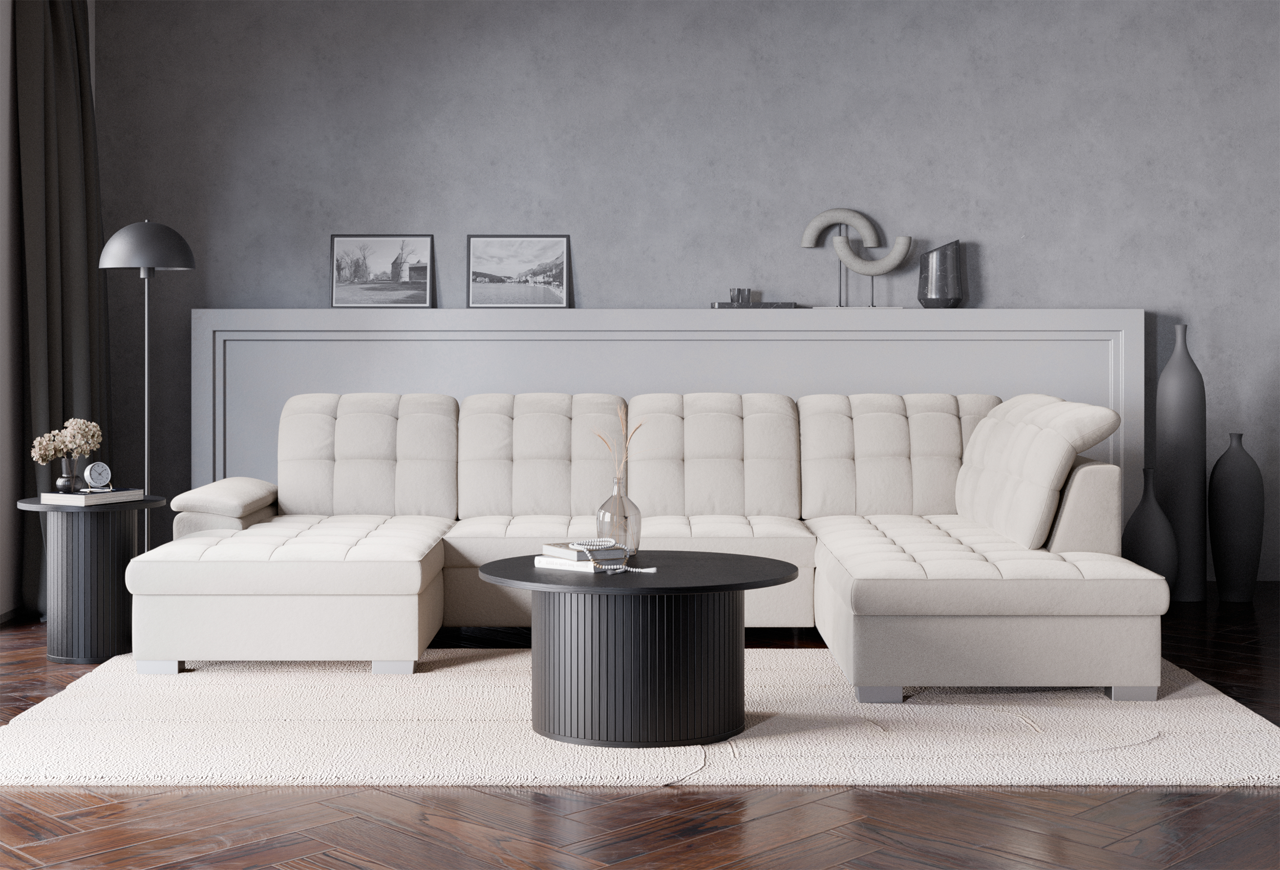 Narożnik z funkcją spania Jamaal U-kształtny lewostronny z pojemnikiem szarobeżowy welur hydrofobowy