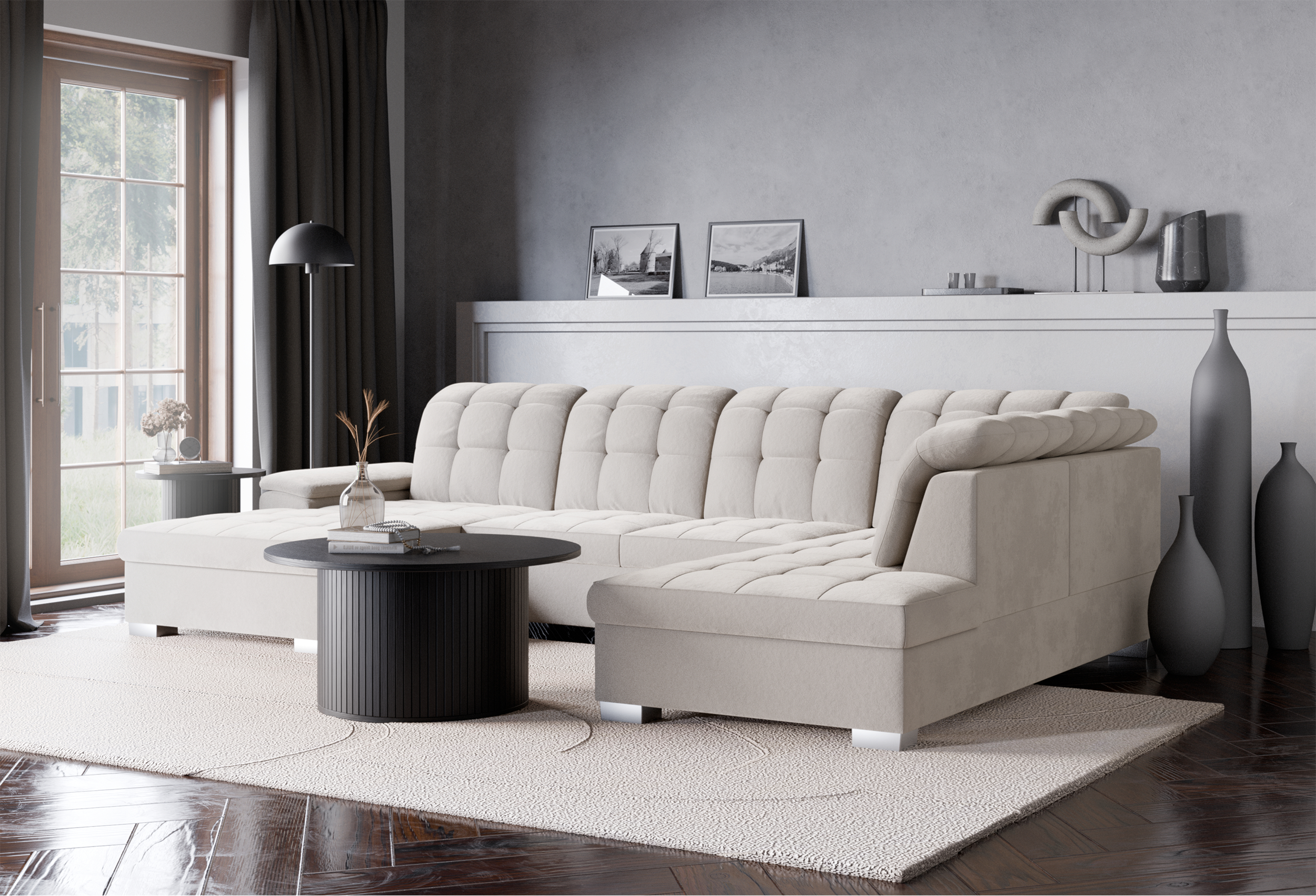 Narożnik z funkcją spania Jamaal U-kształtny lewostronny z pojemnikiem szarobeżowy welur hydrofobowy