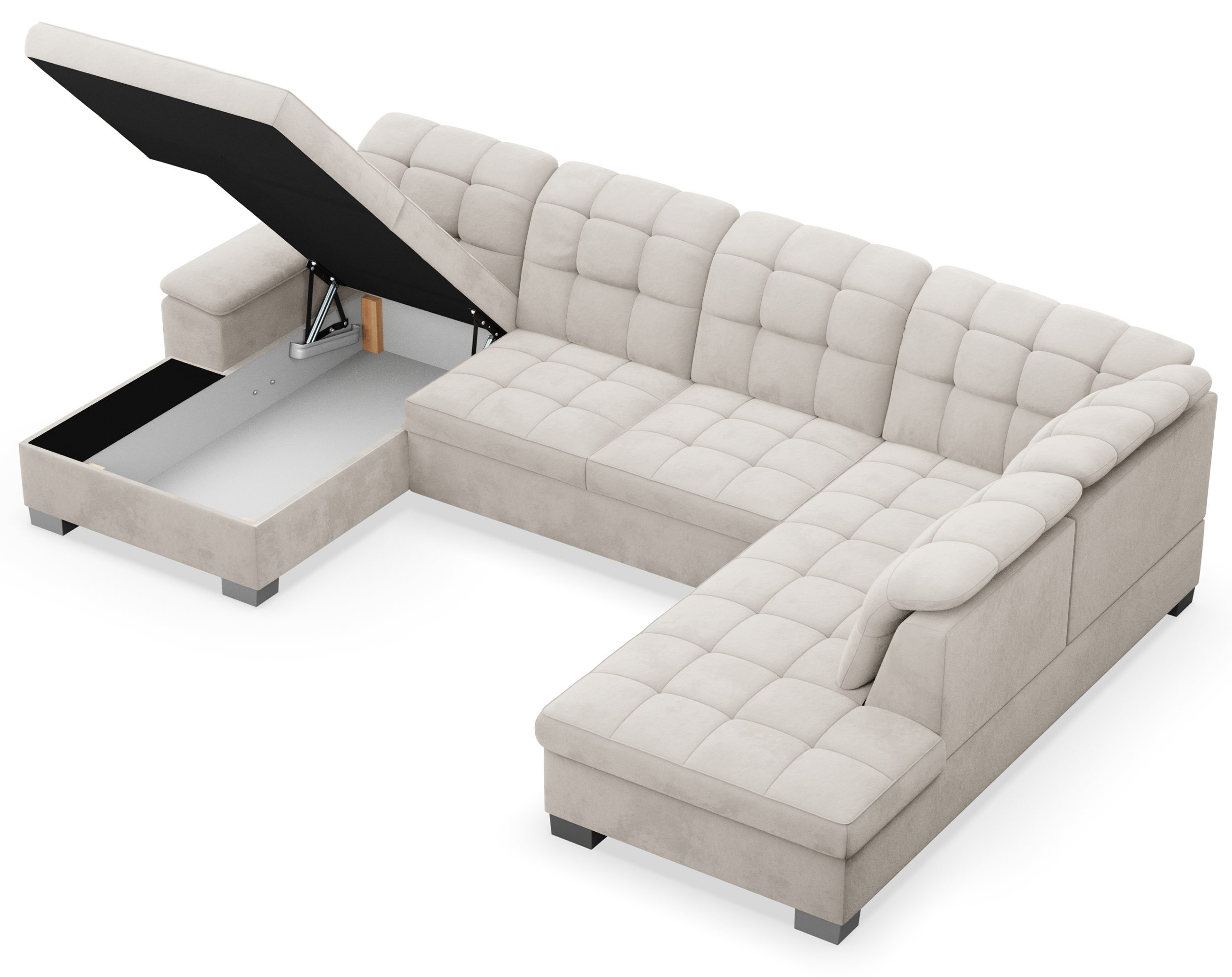 Narożnik z funkcją spania Jamaal U-kształtny lewostronny z pojemnikiem szarobeżowy welur hydrofobowy