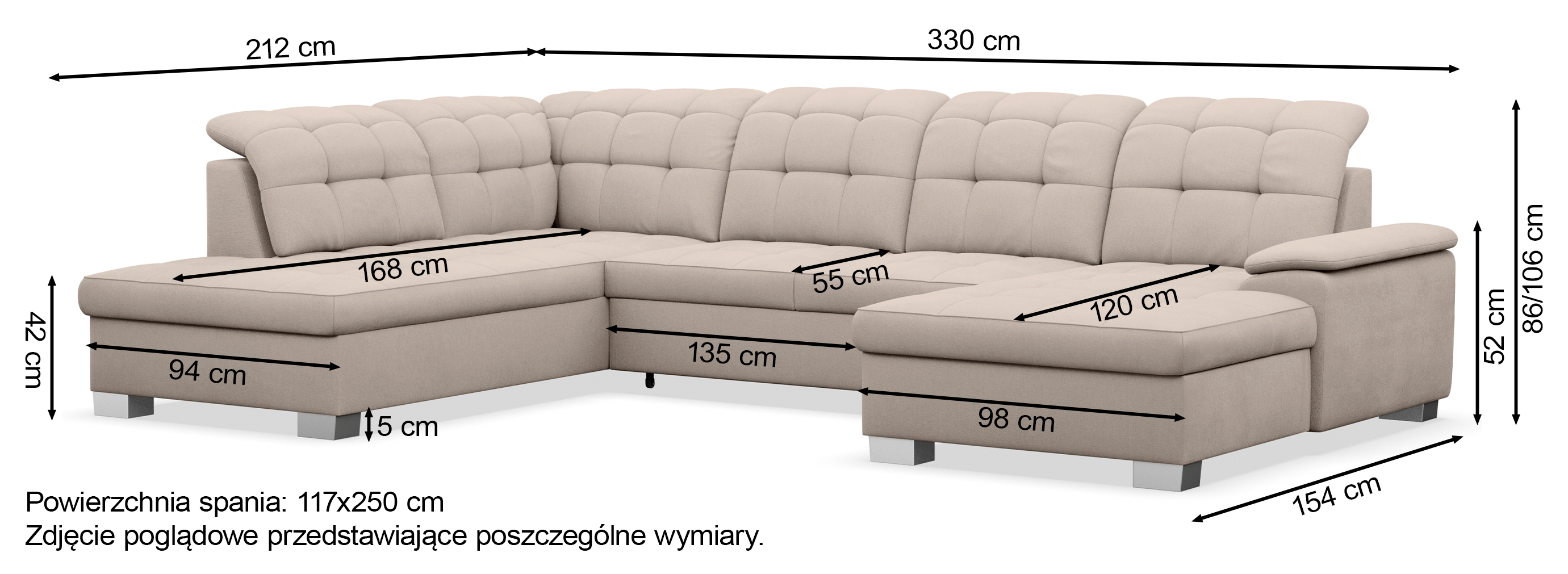 Narożnik z funkcją spania Jamaal U-kształtny lewostronny z pojemnikiem szarobeżowy welur hydrofobowy