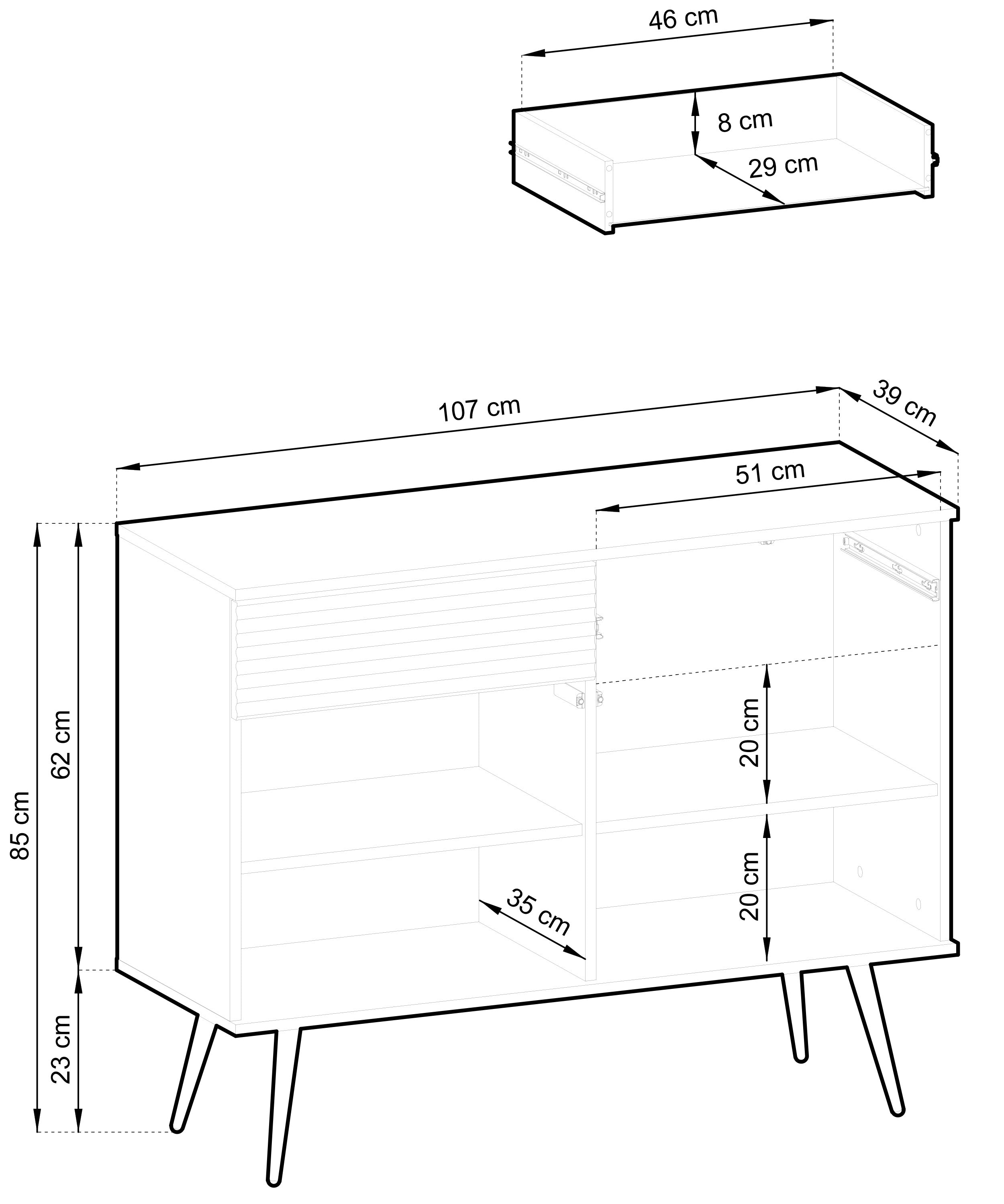 Komoda dwudrzwiowa Glinte z szufladami 107 cm czarna ze złotymi nogami