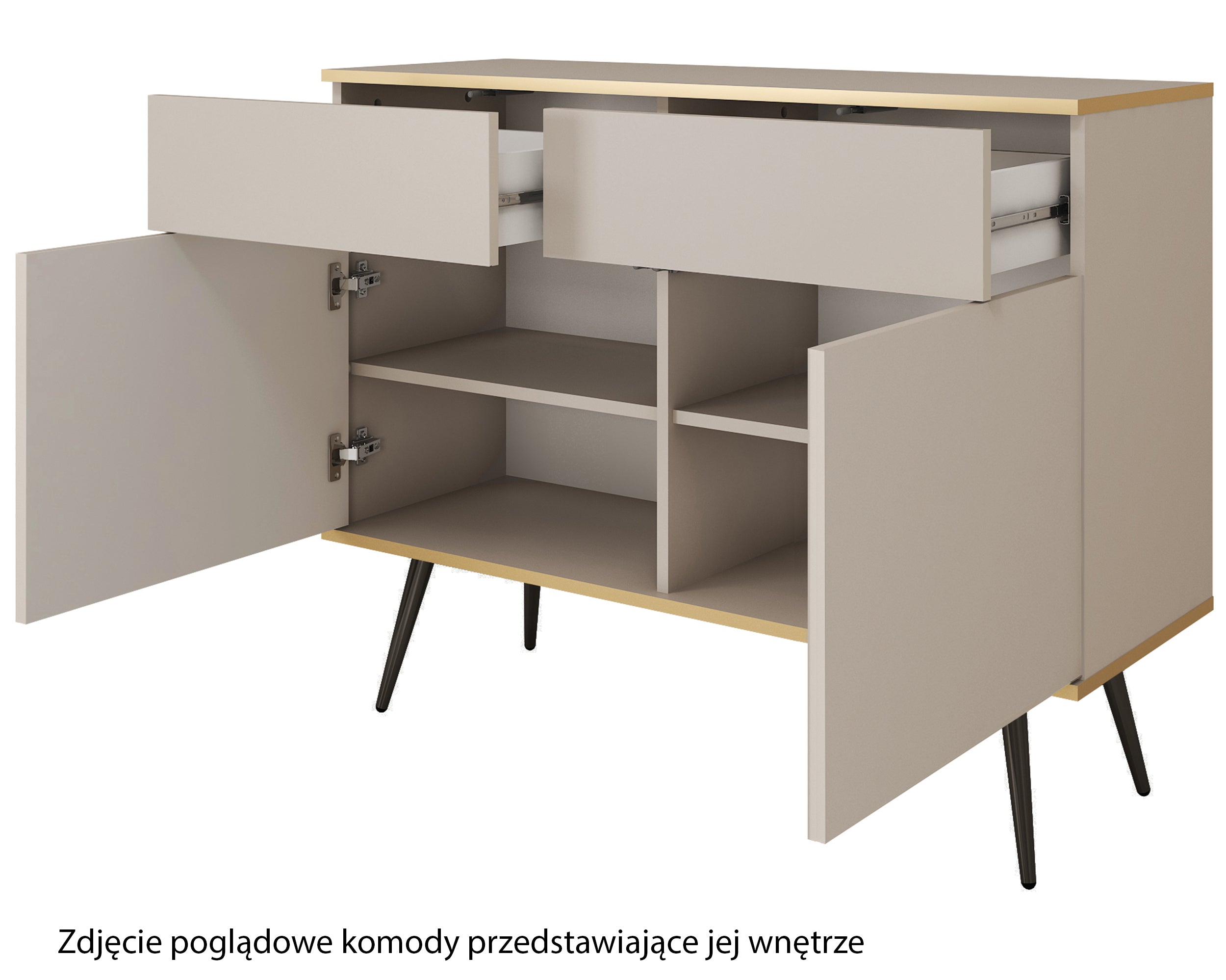 Komoda dwudrzwiowa Glinte z szufladami 107 cm beżowa ze złotymi nogami