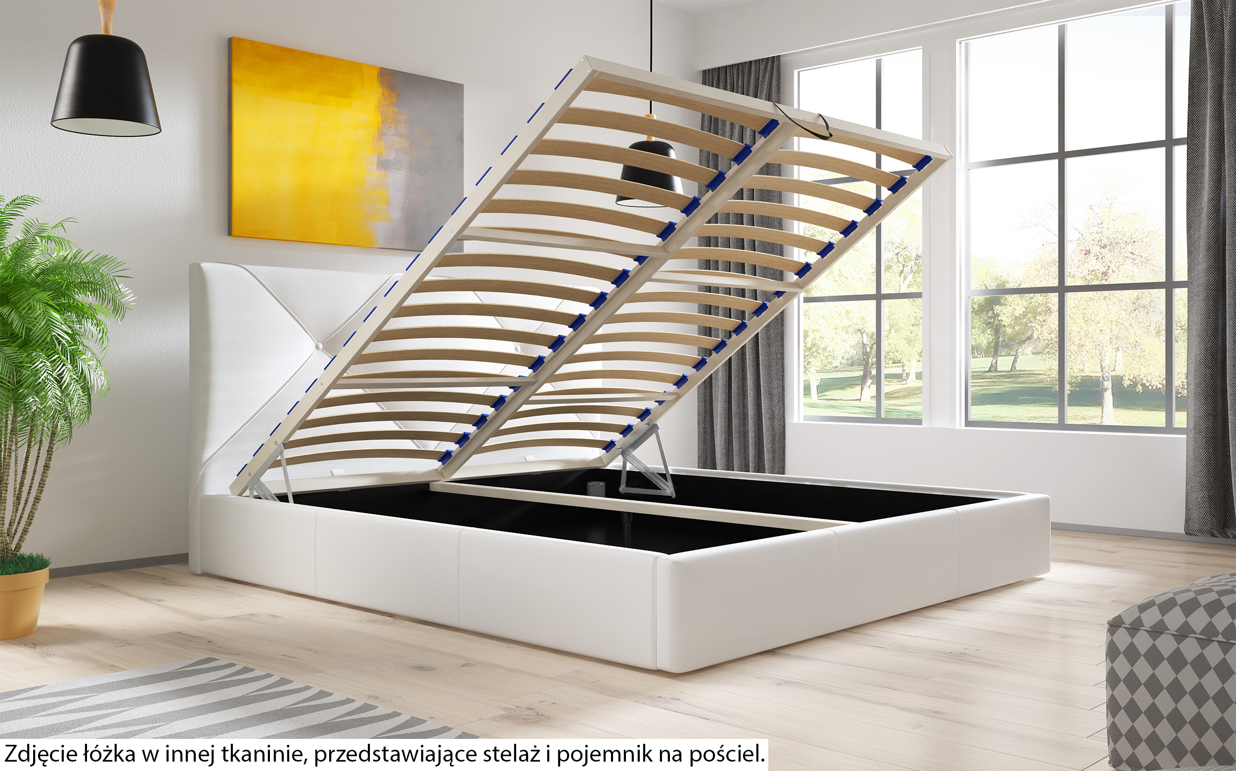 Łóżko tapicerowane 140x200 cm Karinio z pojemnikiem na pościel granatowe plecionka