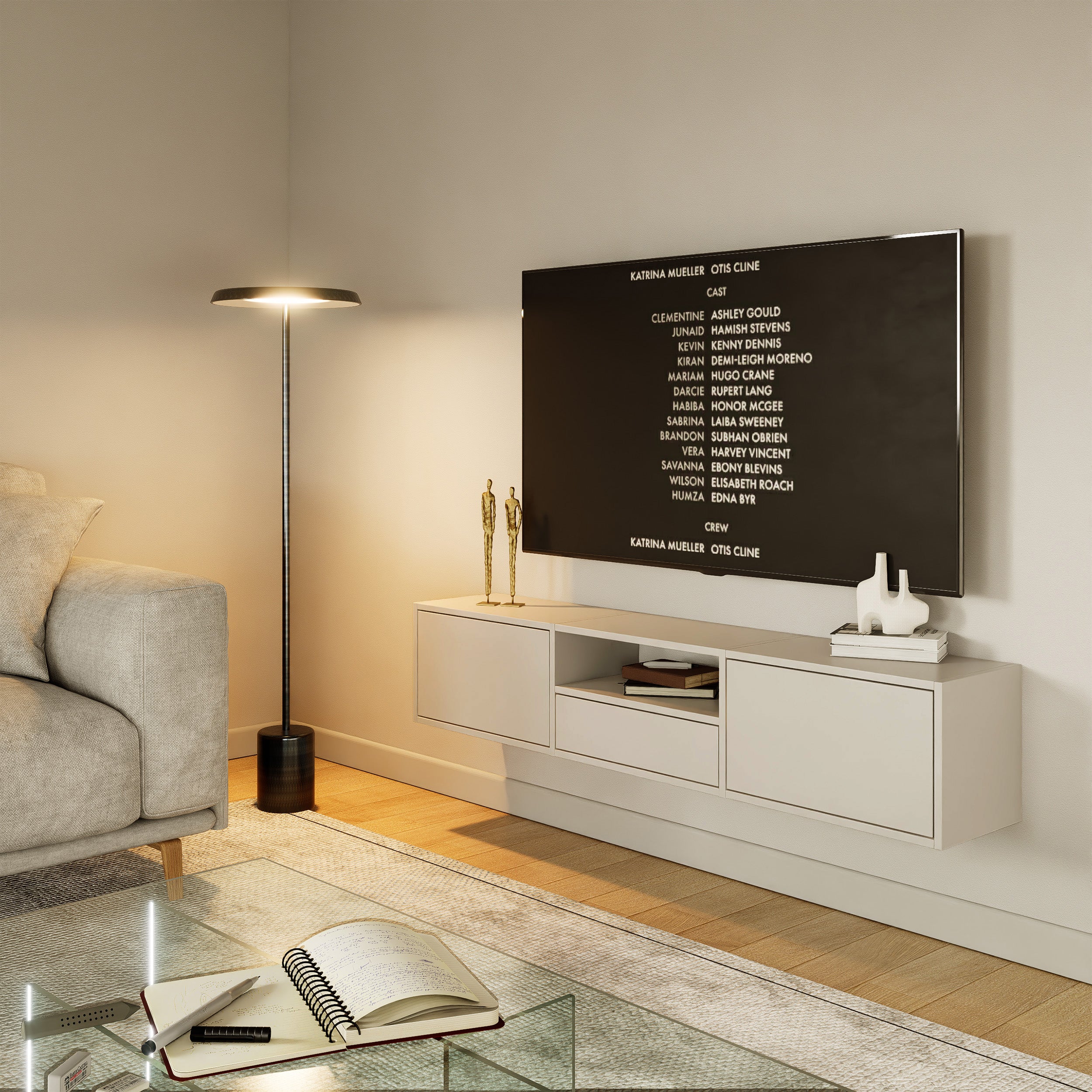 Szafka RTV Framme wisząca z trzema klapami i wnęką 150 cm kaszmir