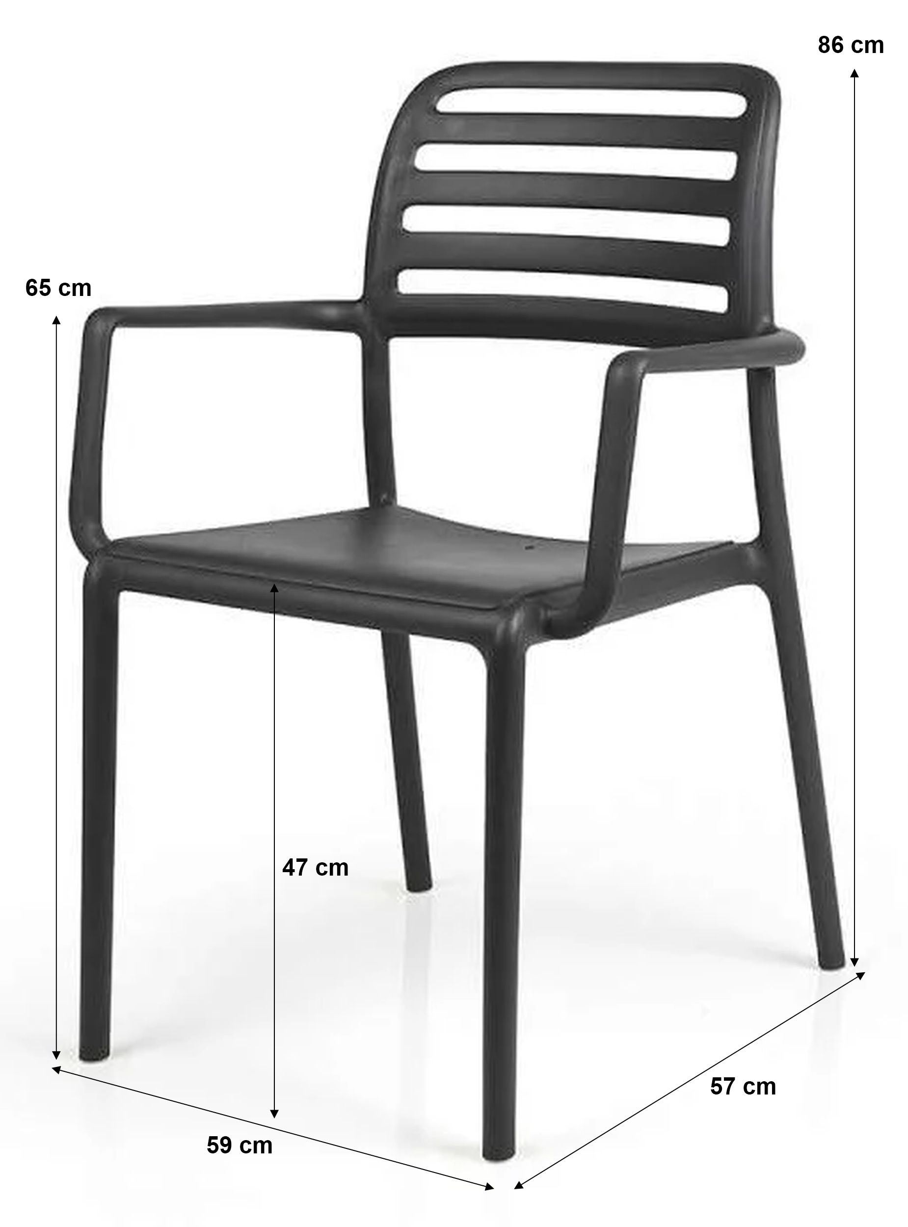 Zestaw balkonowy okrągły stół Spritz 60 cm i 2 krzesła z podłokientikami Costa Nardi z certyfikowanego tworzywa antracytowy