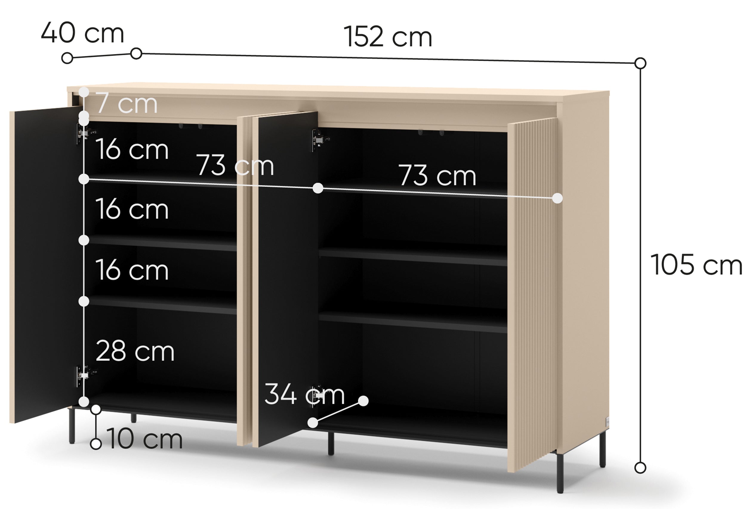 Komoda wysoka Trend czterodrzwiowa z oświetleniem 153 cm ryflowane fronty beż piaskowy / czarny