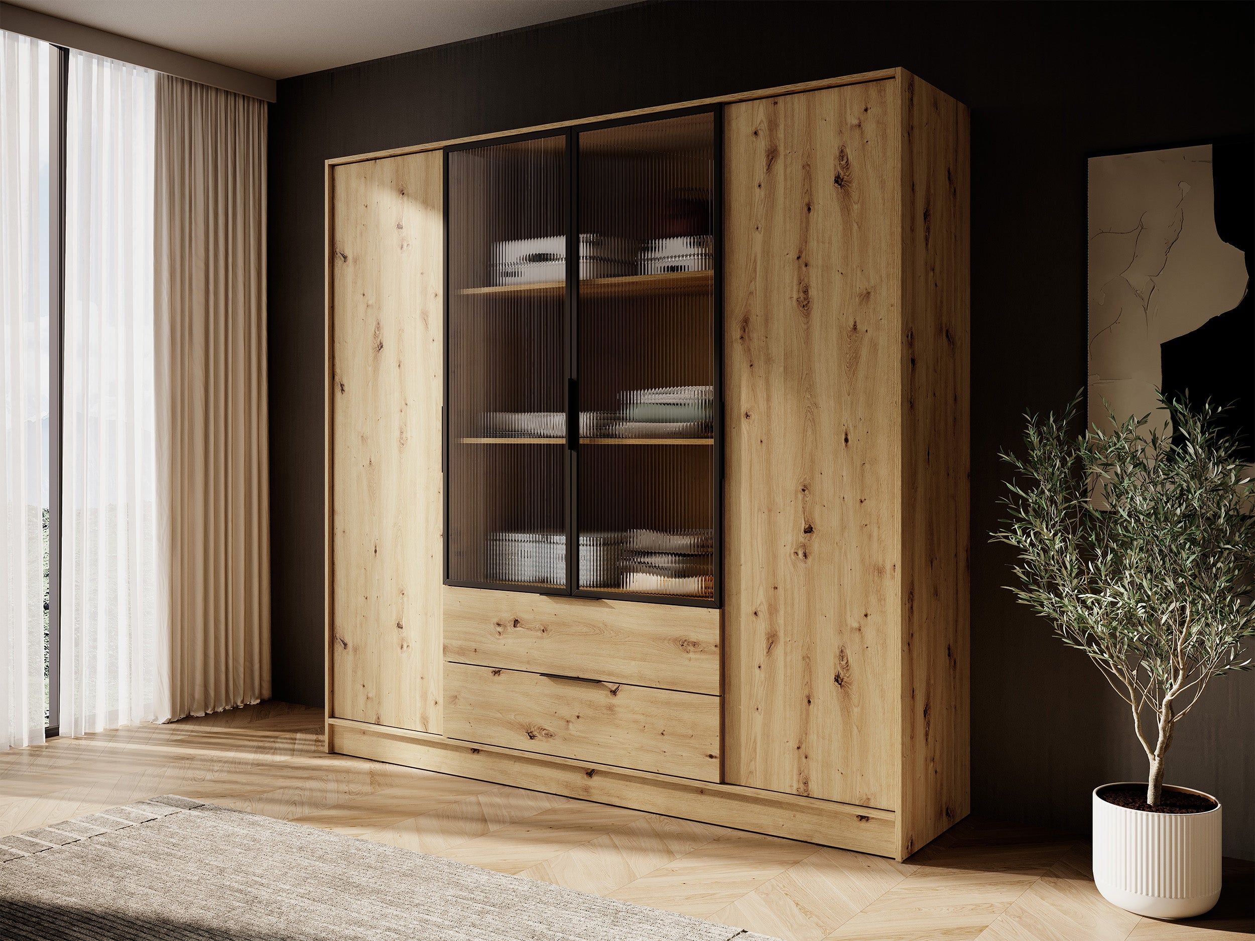 Szafa czterodrzwiowa Kelly z witryną i dwiema szufladami 206 cm dąb artisan