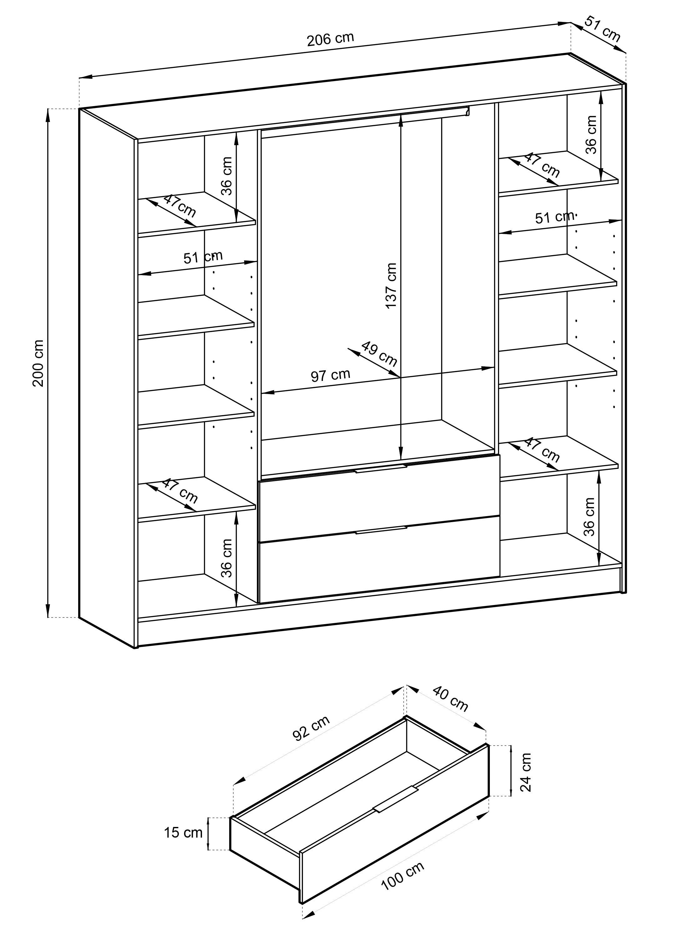 Szafa czterodrzwiowa Kelly z witrynami i dwiema szufladami 206 cm dąb artisan
