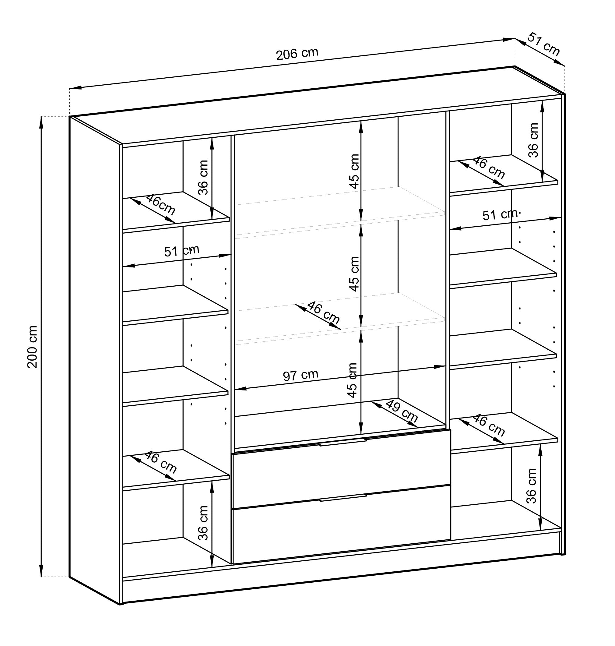 Szafa czterodrzwiowa Kelly z witrynami i dwiema szufladami 206 cm dąb artisan