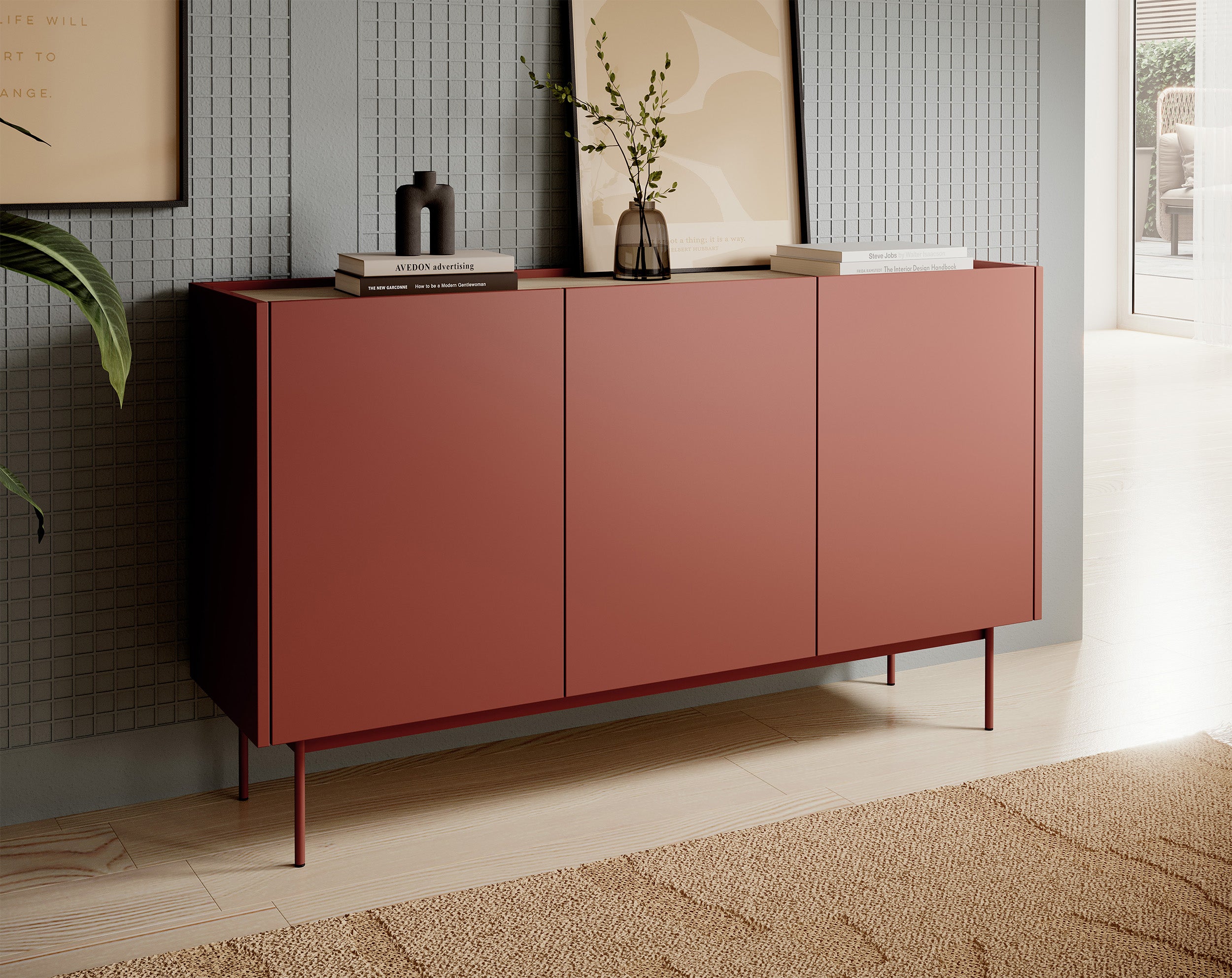 Komoda trzydrzwiowa Color 144 cm Ceglasta / Dąb Linea