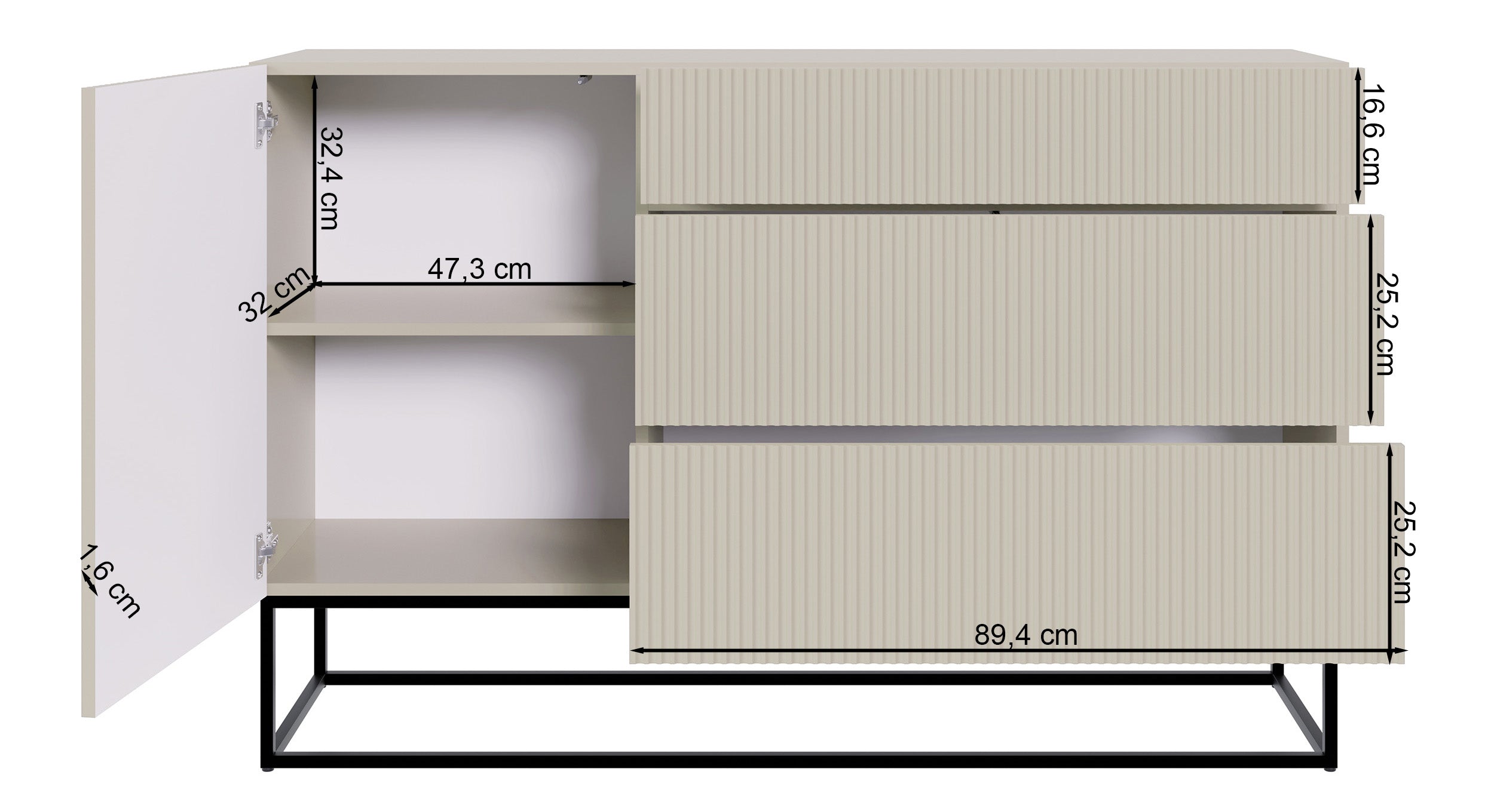 Komoda jednodrzwiowa Veldio z frezowanym frontem i trzema szufladami 140 cm Szary beż z czarnymi nogami