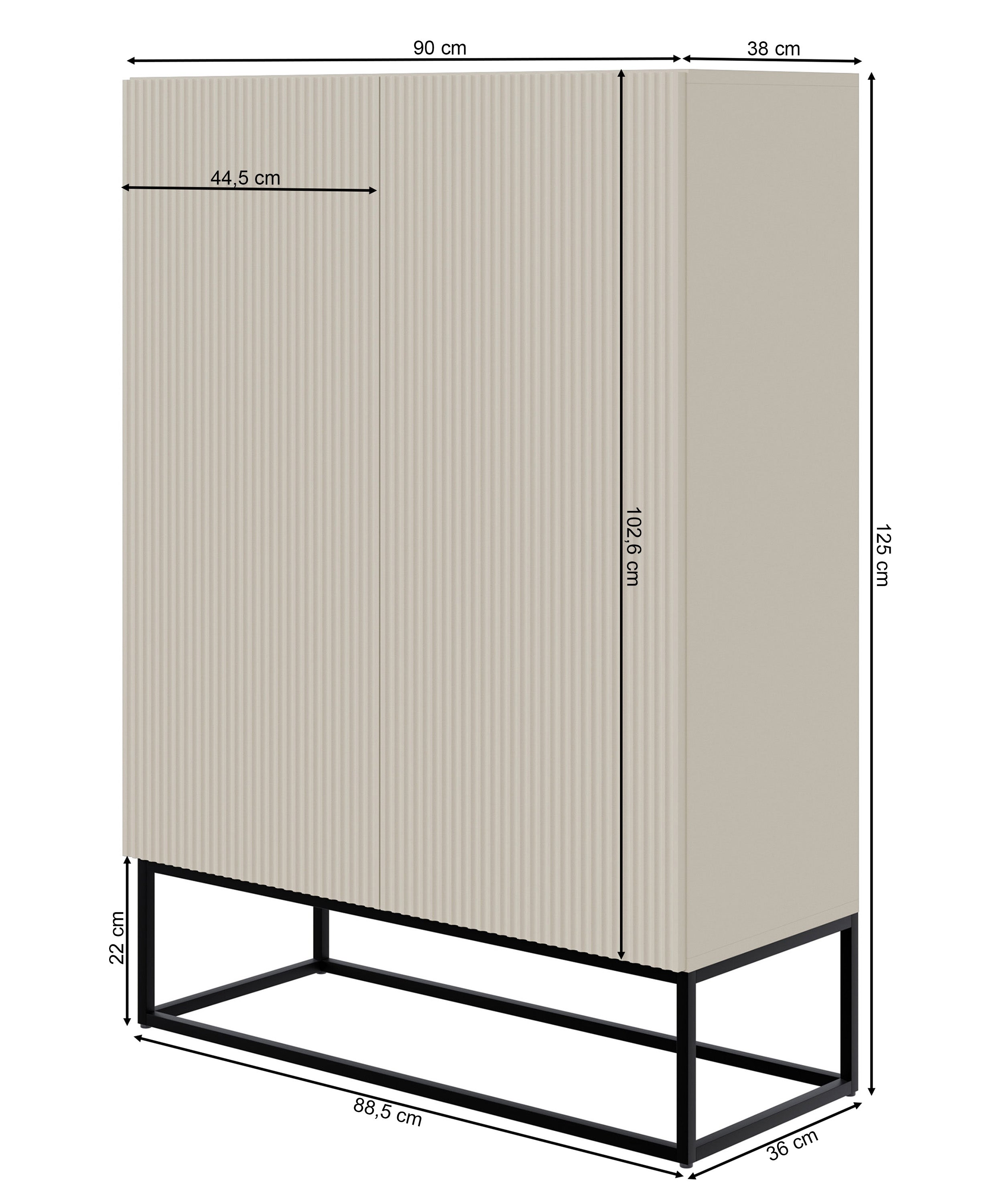 Komoda dwudrzwiowa Veldio z frezowanym frontem 90 cm Szary beż z czarnymi nogami