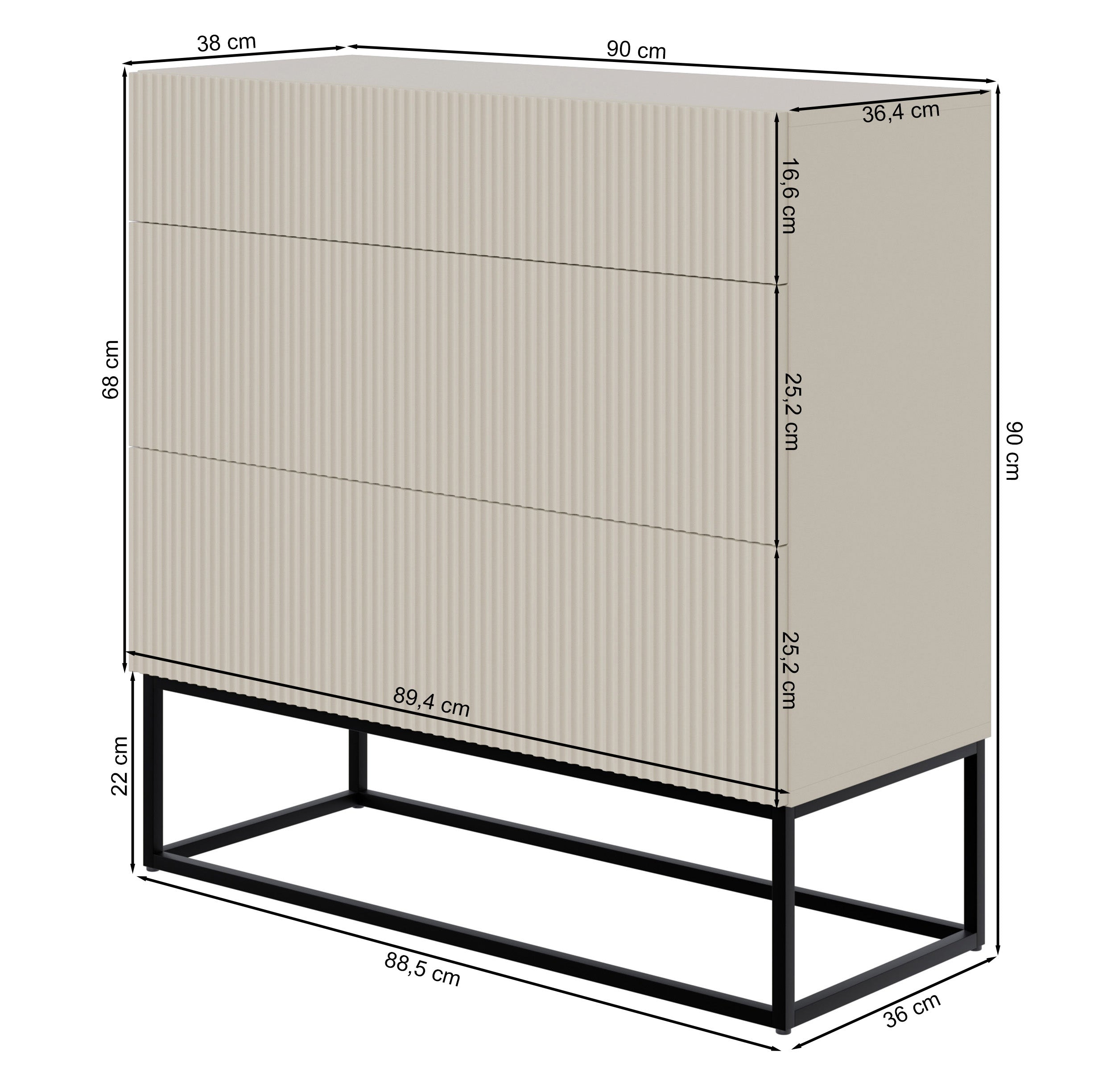 Komoda Veldio z frezowanym frontem i trzema szufladami 90 cm Biała ze złotymi nogami