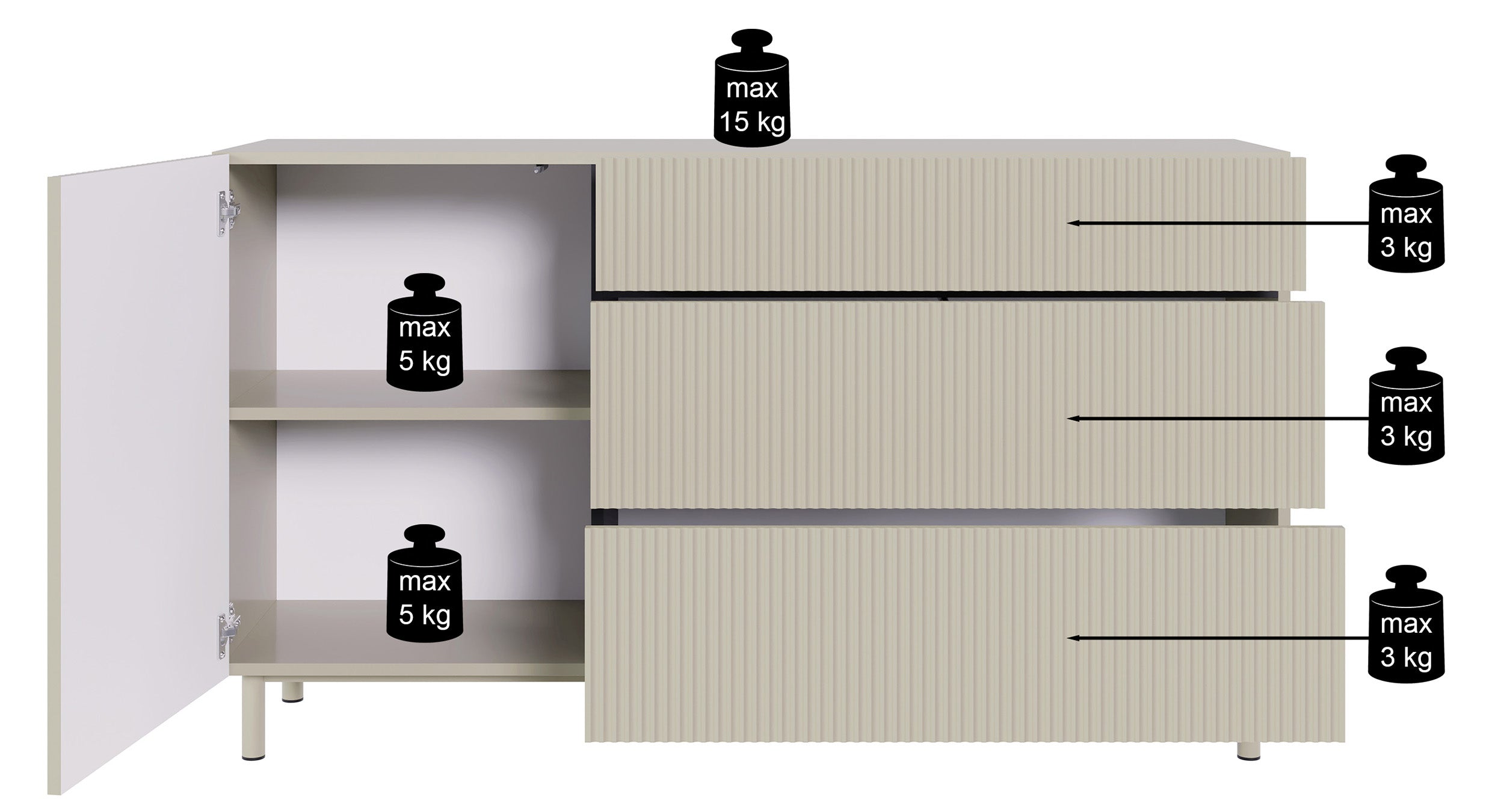 Komoda jednodrzwiowa Veldio New z frezowanym frontem i trzema szufladami 140 cm czarna