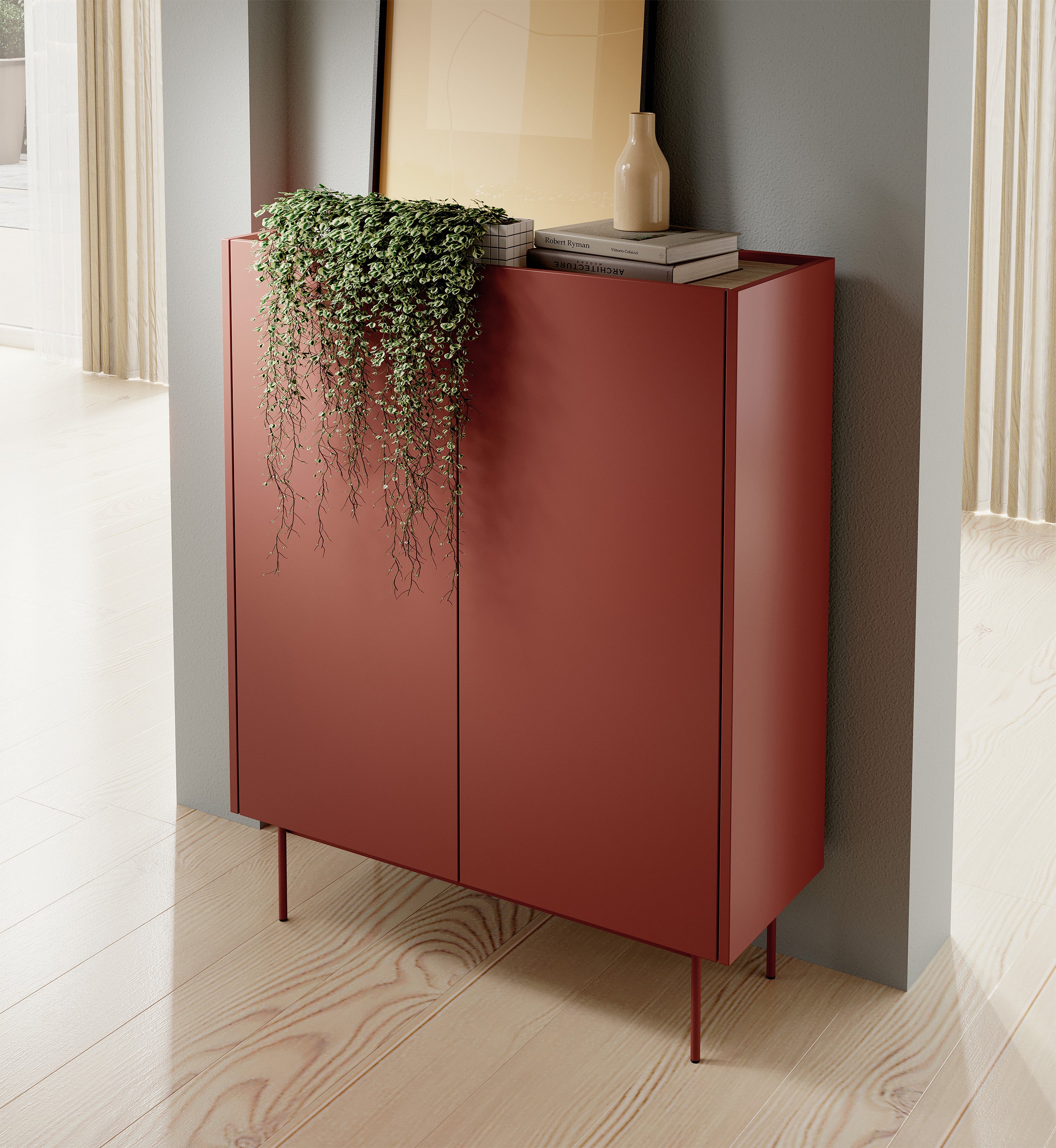 Komoda wysoka Color 97 cm dwudrzwiowa Ceglasta / Dąb Linea