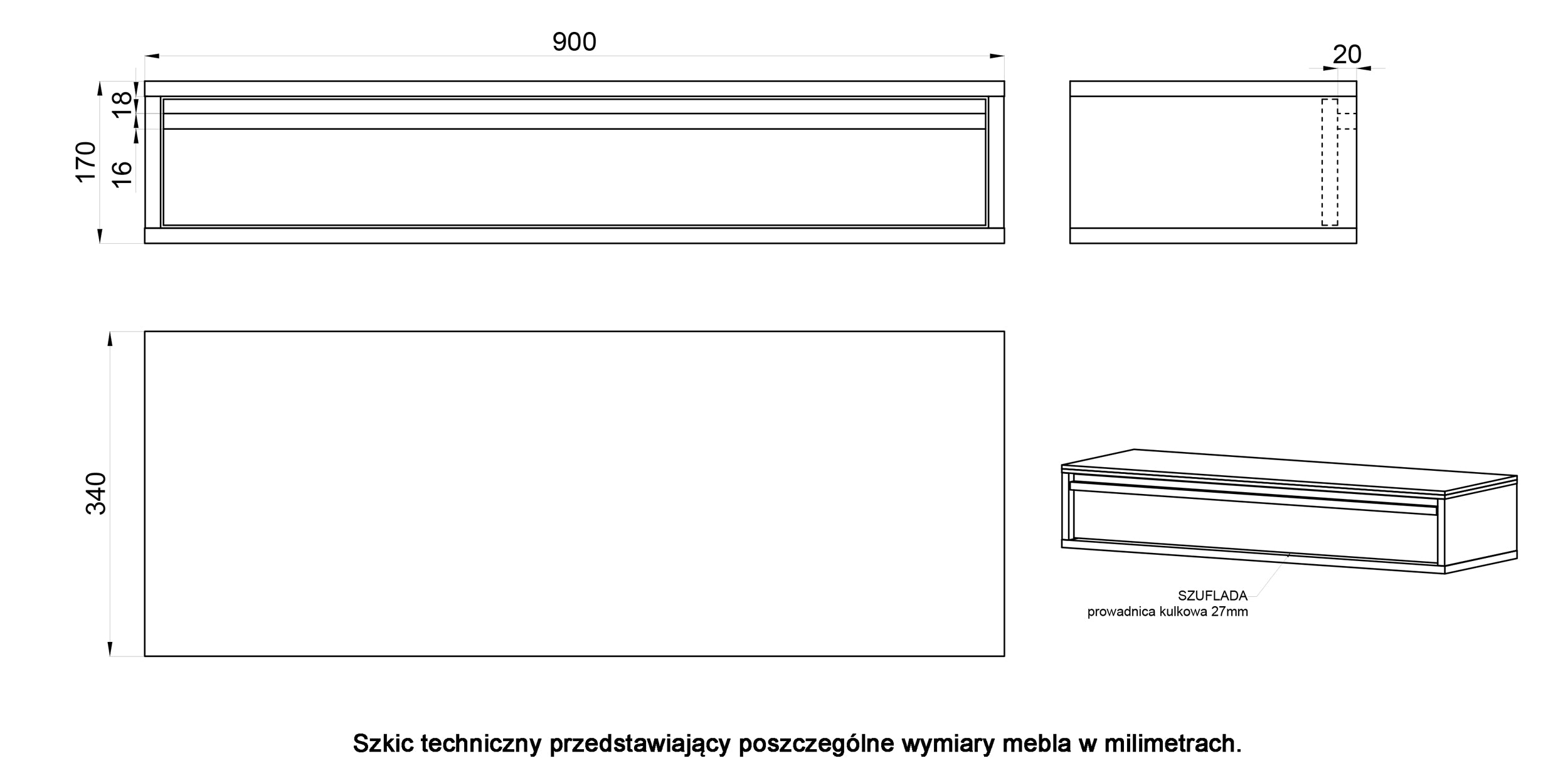Konsola Evo z szufladą wisząca 90 cm Szałwiowy