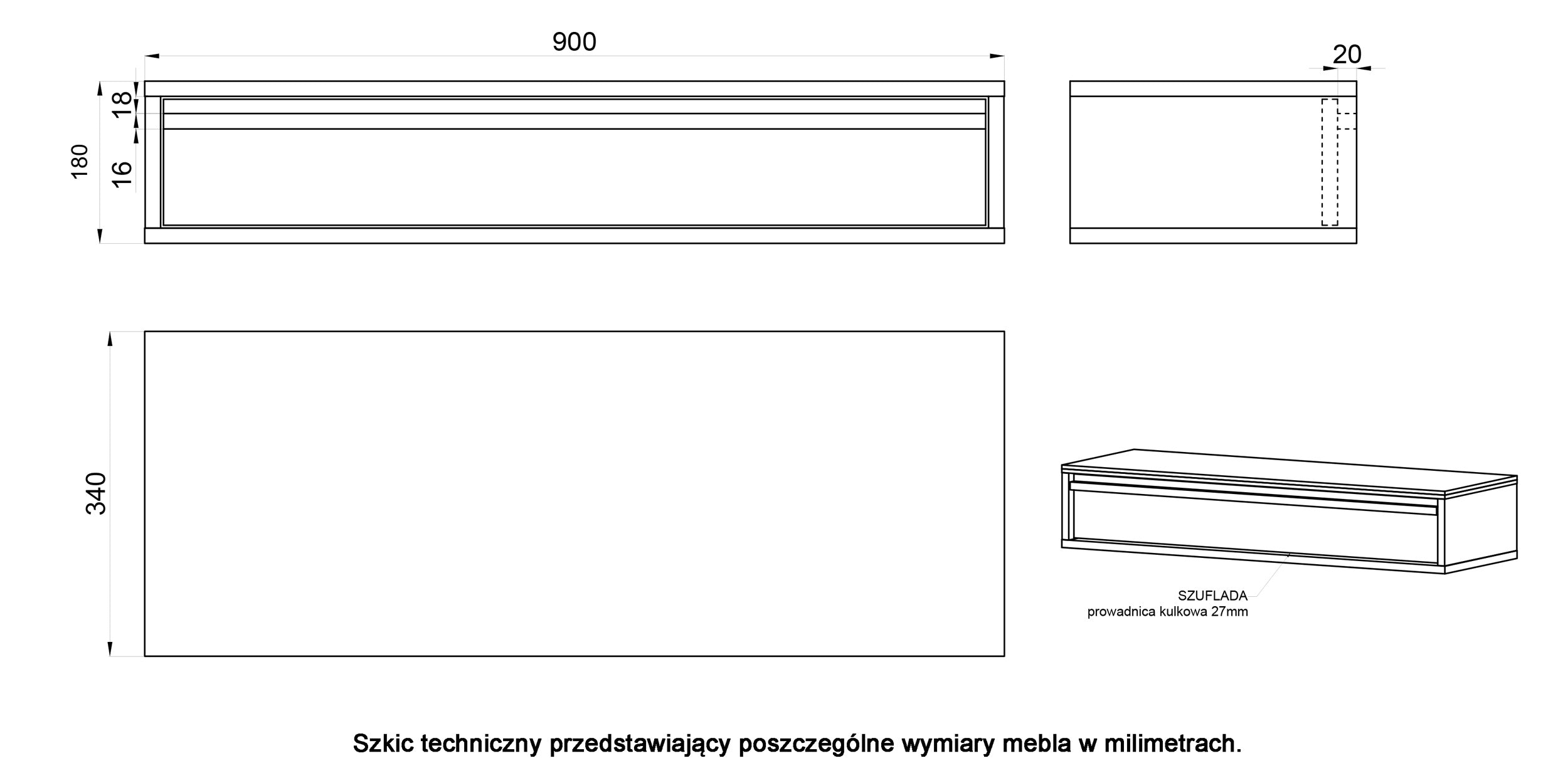 Konsola Evo z szufladą wisząca 90 cm Czarna