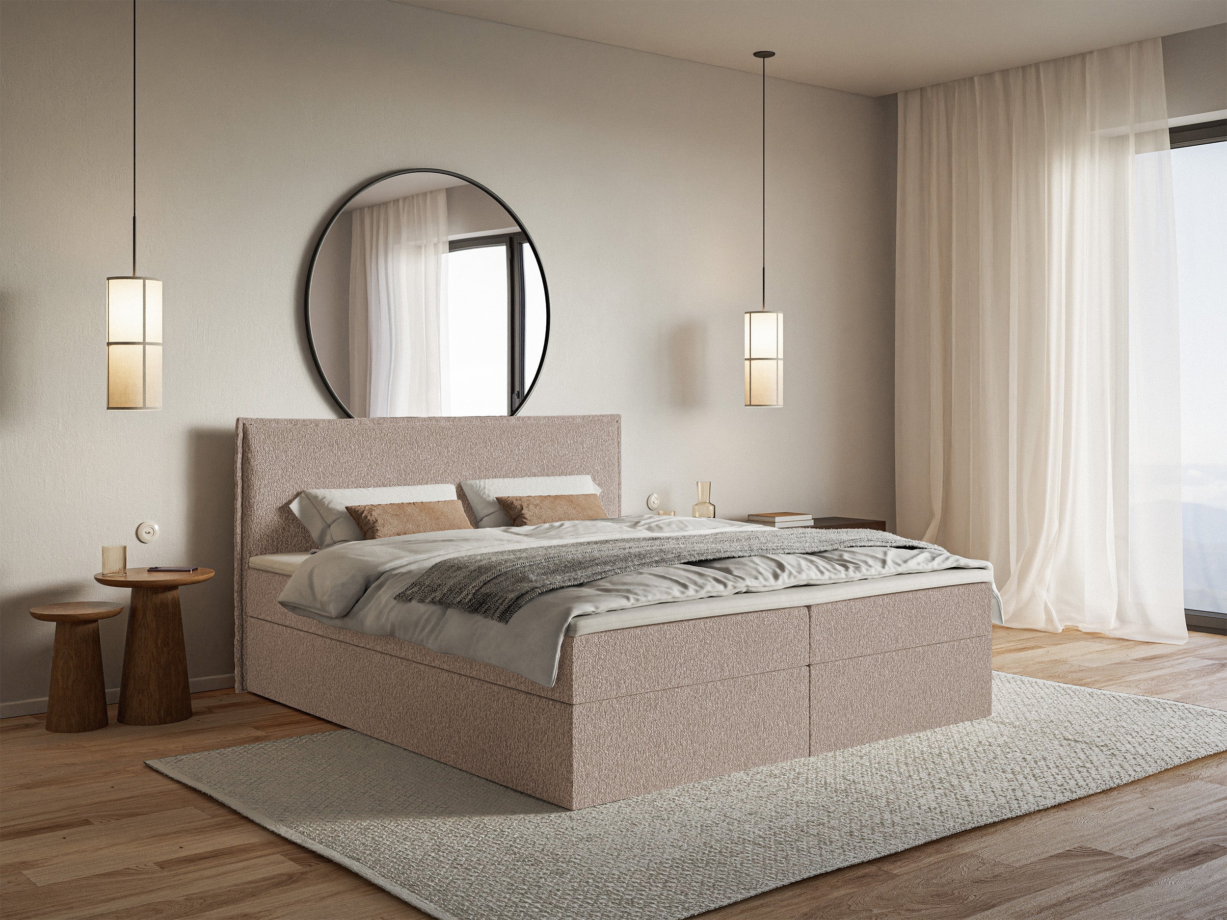 Łóżko kontynentalne 180x200 cm Softie z pojemnikami i topperem ciemnobeżowe szenil